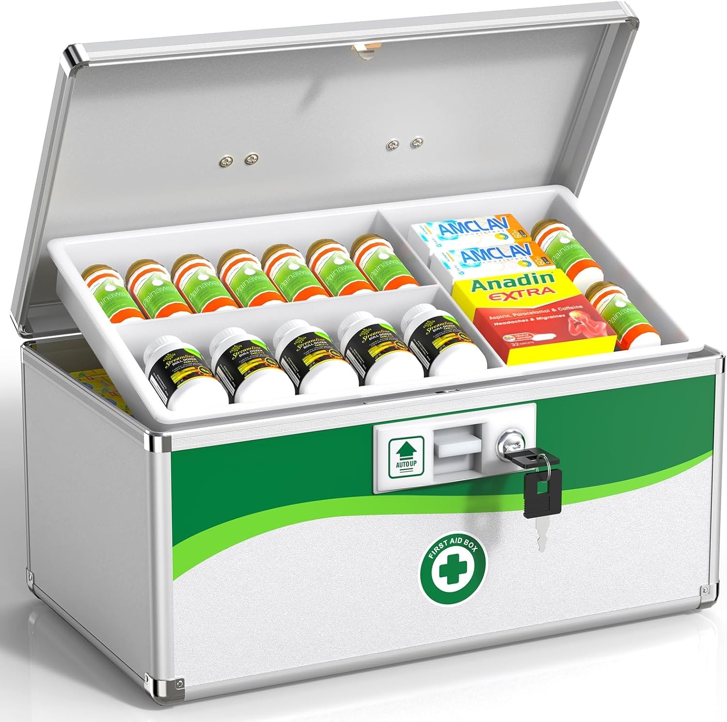 Medicine Lock Box, First Aid Safe Medication Storage Box, Layered Aluminum