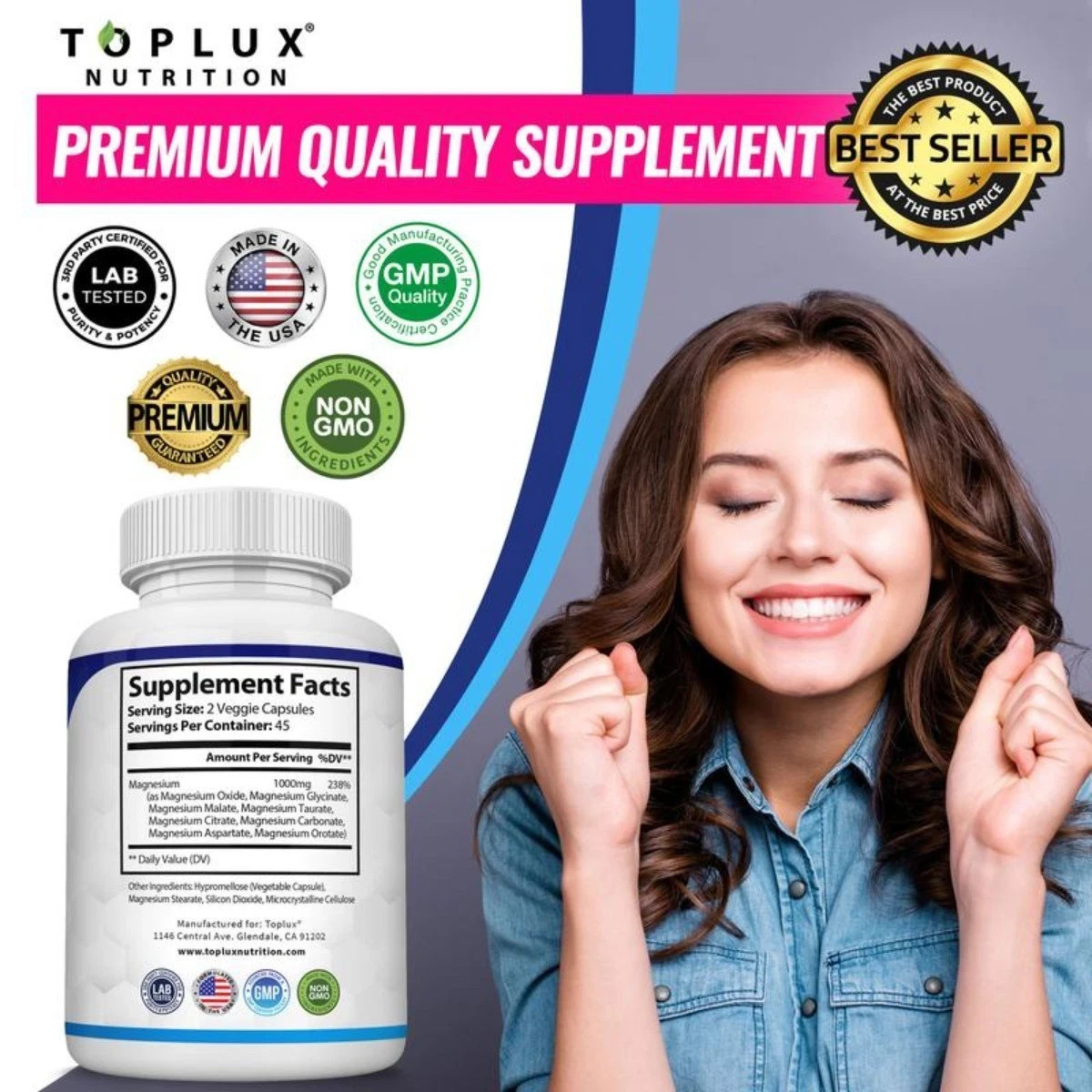 Magnesium complex supplement: 1000mg of 8-element magnesium, 90 capsules