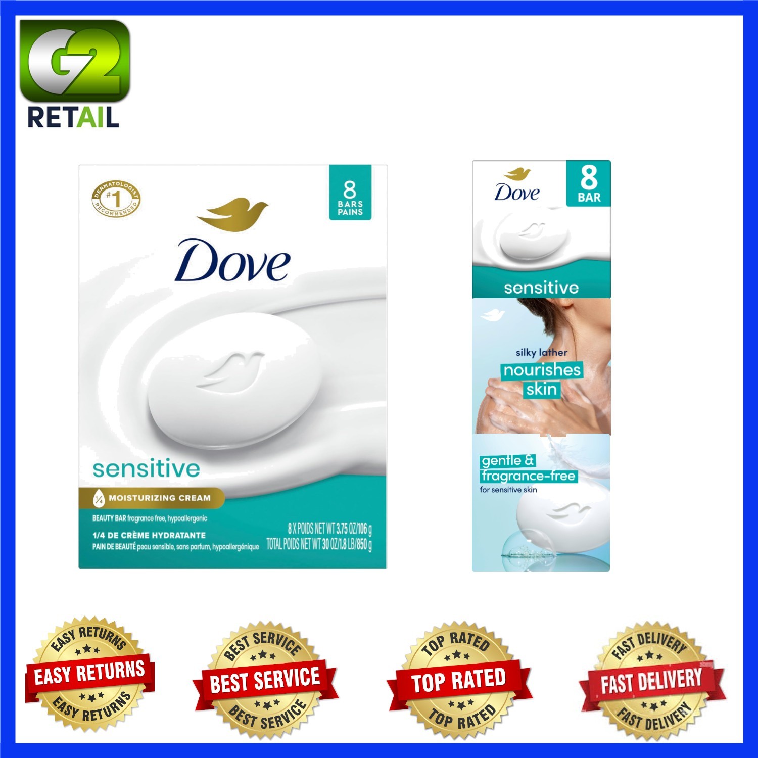 Luxury Hypoallergenic Beauty Bar Soap for Sensitive Skin – 8 Fragrance-Free Bars
