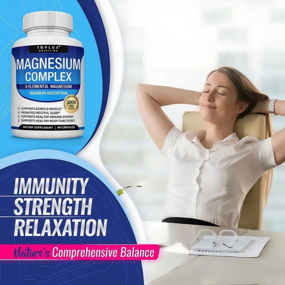 1-3Pack Toplux Nutrition Magnesium Complex 1000mg Supports 8 Elemental Magnesium