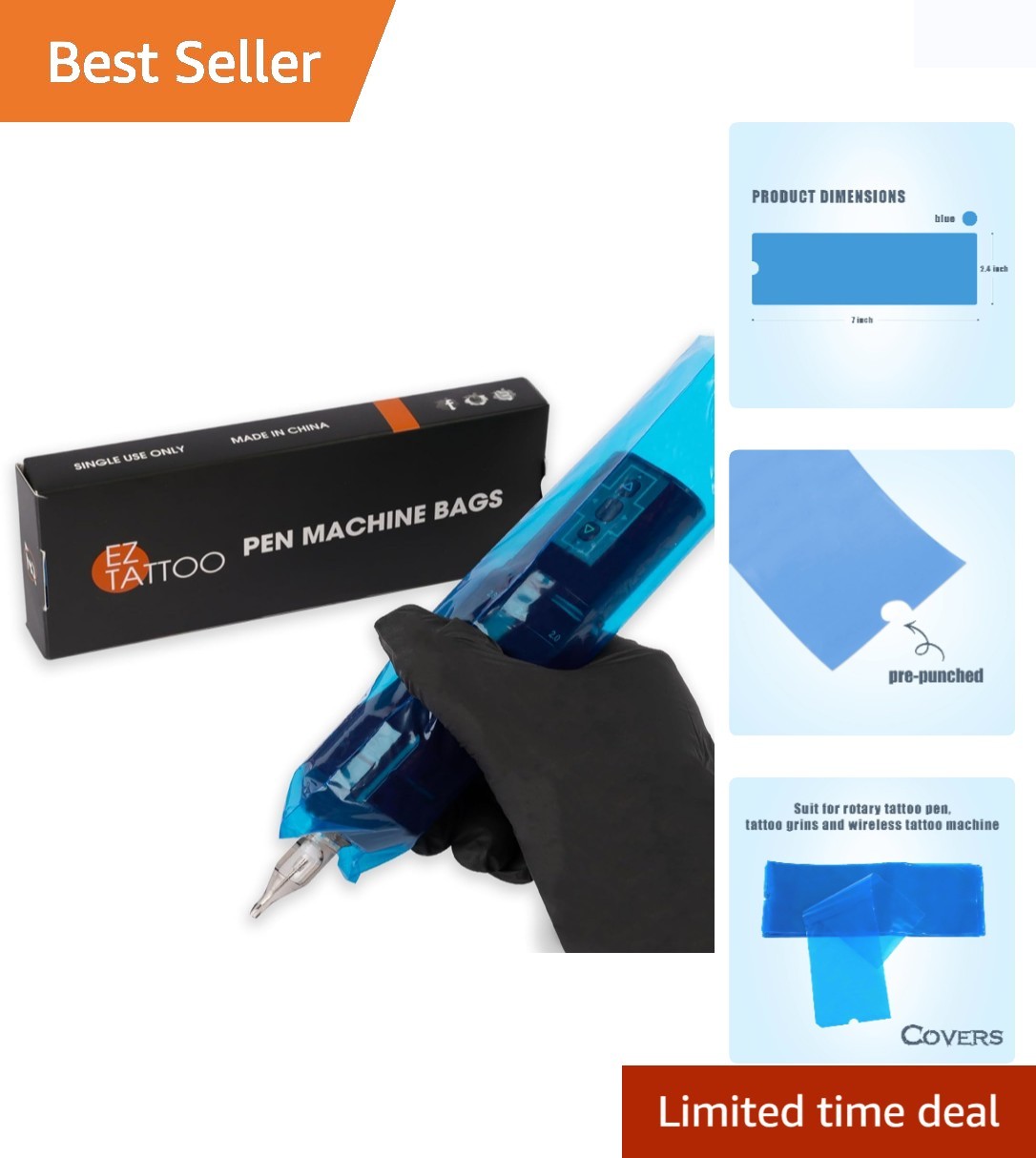 200 Disposable Tattoo Sleeves for Pen Machines – 2.4in x 7in Pre-Punched Design