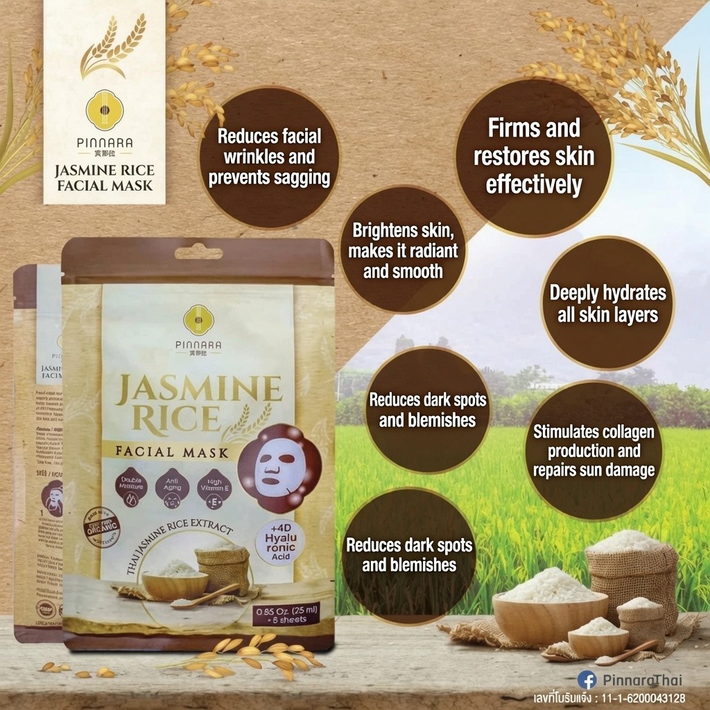 PINNARA JASMINE RICE FACIAL MASK 3 PACKS x 5 SHEETS