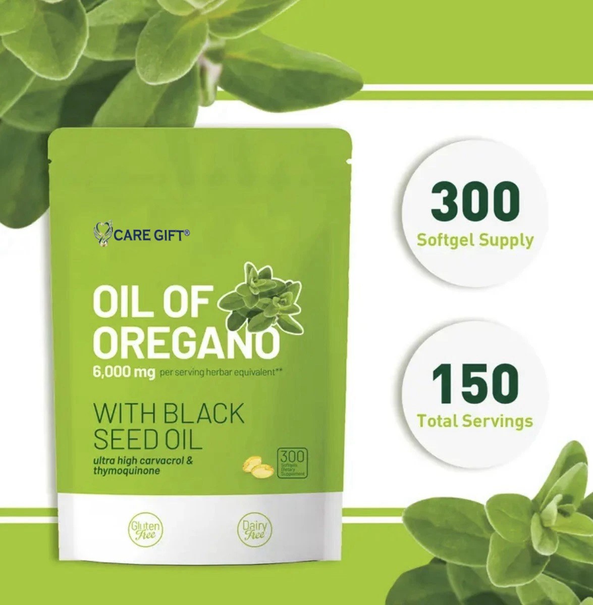 Oil Of Oregano 6000mg-300 Softgel Capsules With Black Seed Oil