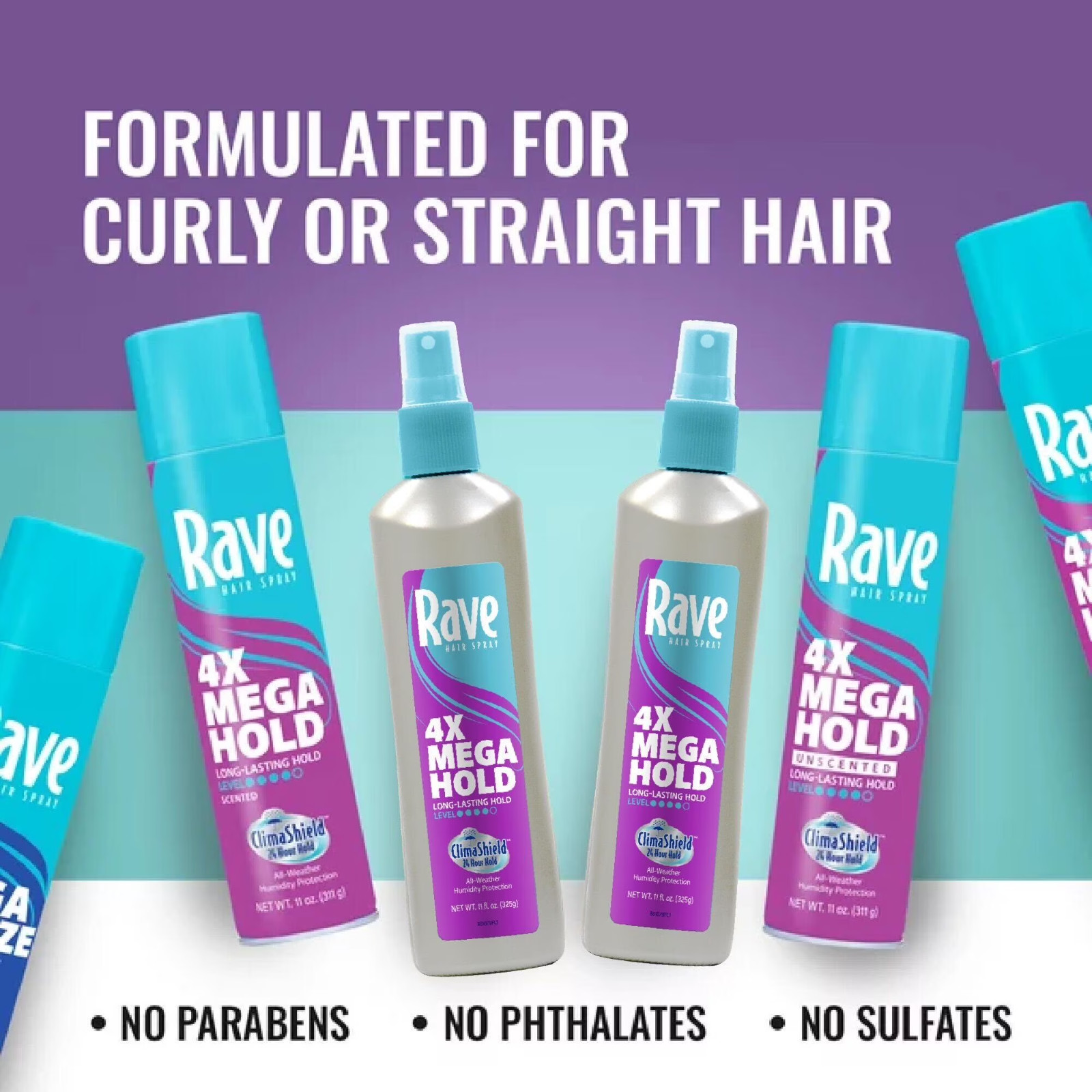 (4 pack) Rave 4X Mega Hold Non-Aerosol Hair Spray, All-Weather Protection with V