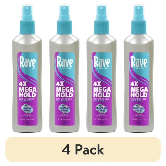 (4 pack) Rave 4X Mega Hold Non-Aerosol Hair Spray, All-Weather Protection with V