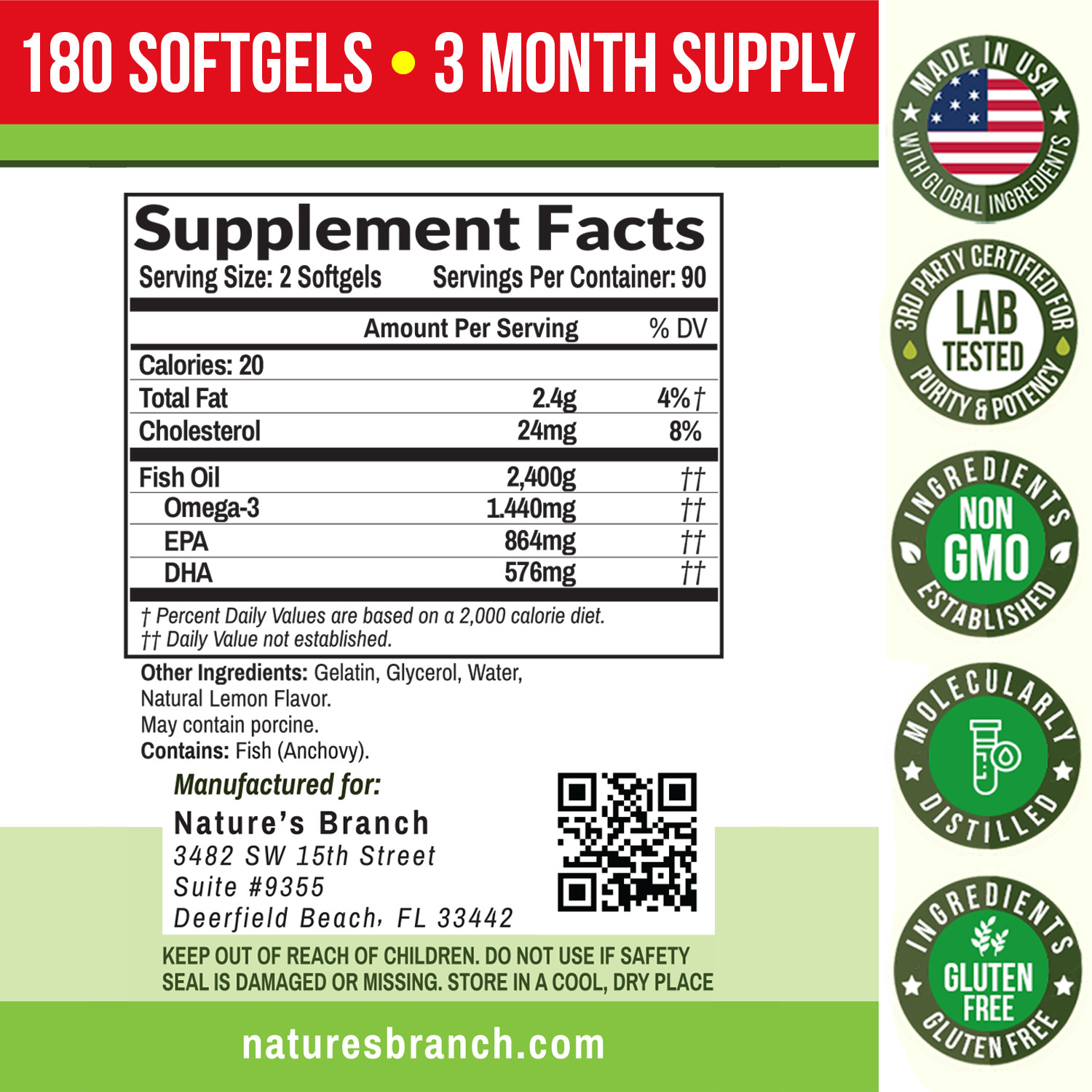 BEST Triple Strength Omega 3 Fish Oil Pills (3 MONTH SUPPLY) 2400mg HIGH POTENCY