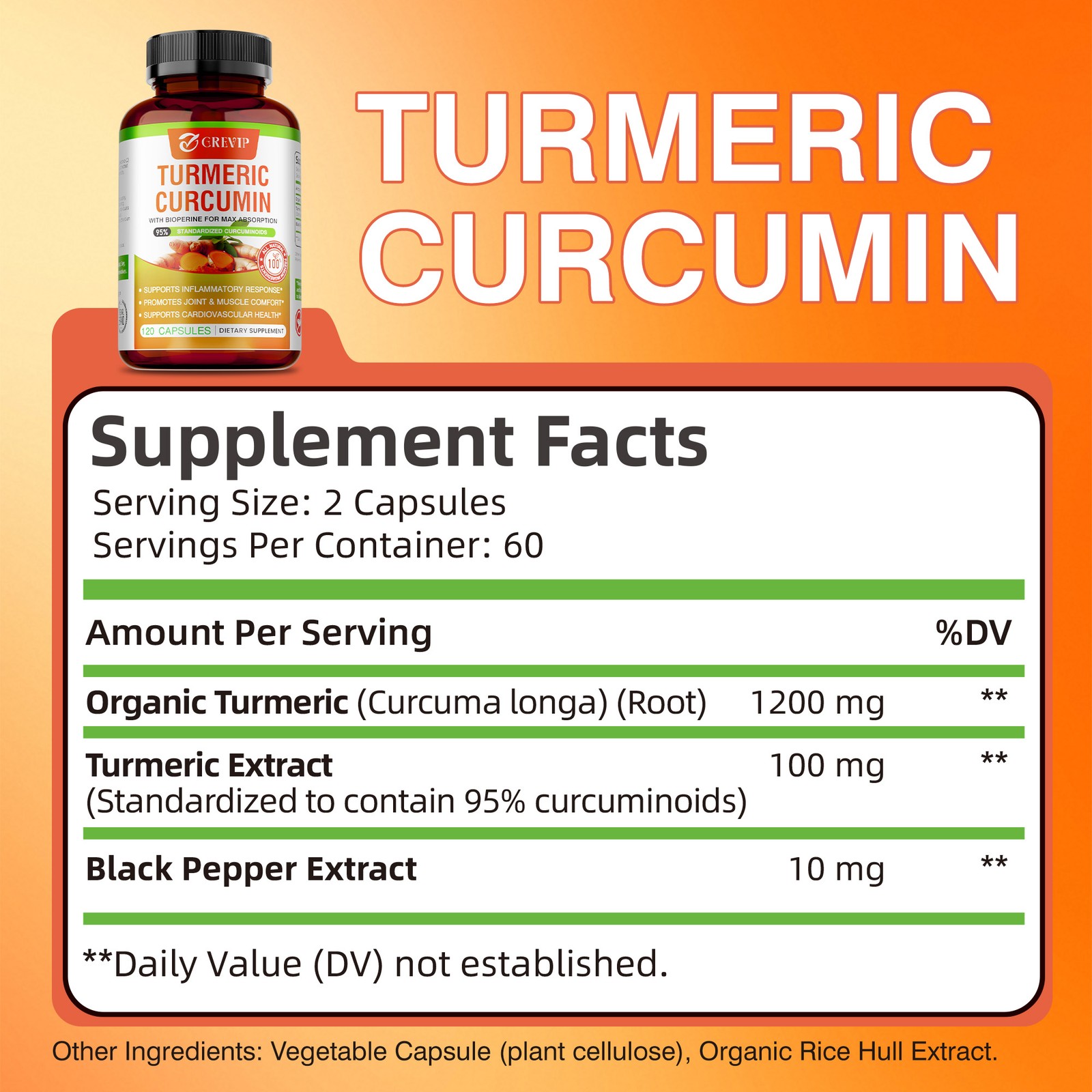Turmeric Curcumin Supplement 120pcs – Improves Digestion and Absorption, Non-GMO