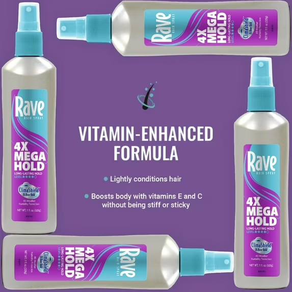 (4 pack) Rave 4X Mega Hold Non-Aerosol Hair Spray, All-Weather Protection with V