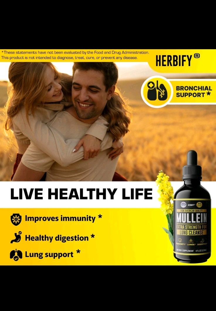 HERBIFY Mullein Leaf Extract Liquid Drops 4oz Respiratory & Lung Detox Cleanse