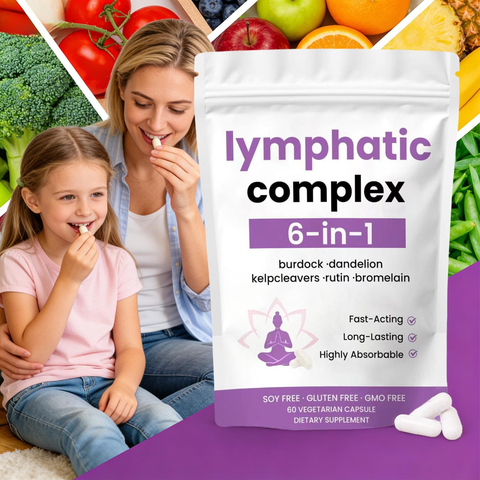 6-in-1 Lymphatic Complex Drainage Supplement Dandelion Burdock Bromelain Kelp