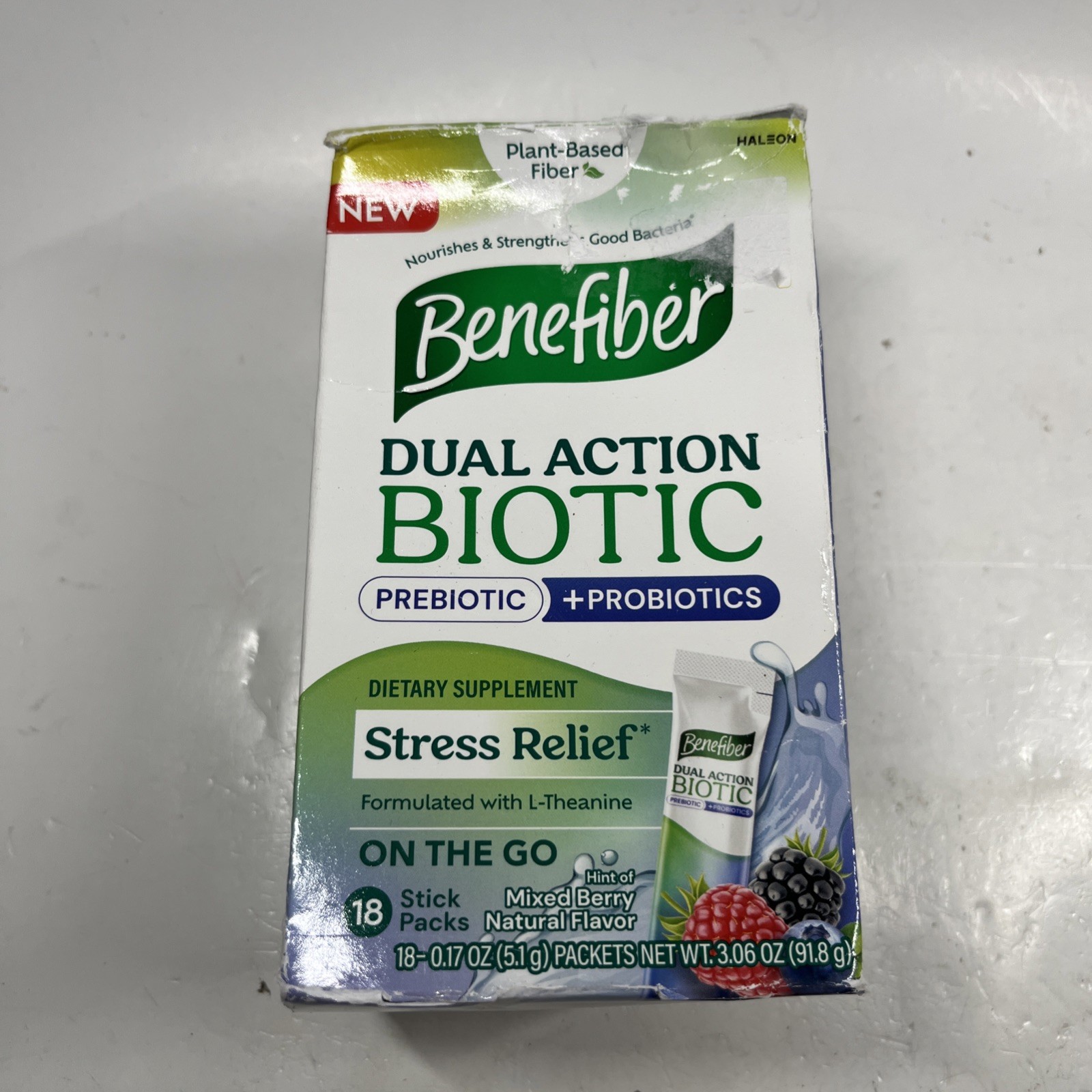 Benefiber Dual Action Biotic Plus Stress Relief Mixed Berry 18 Packs Exp 12/25