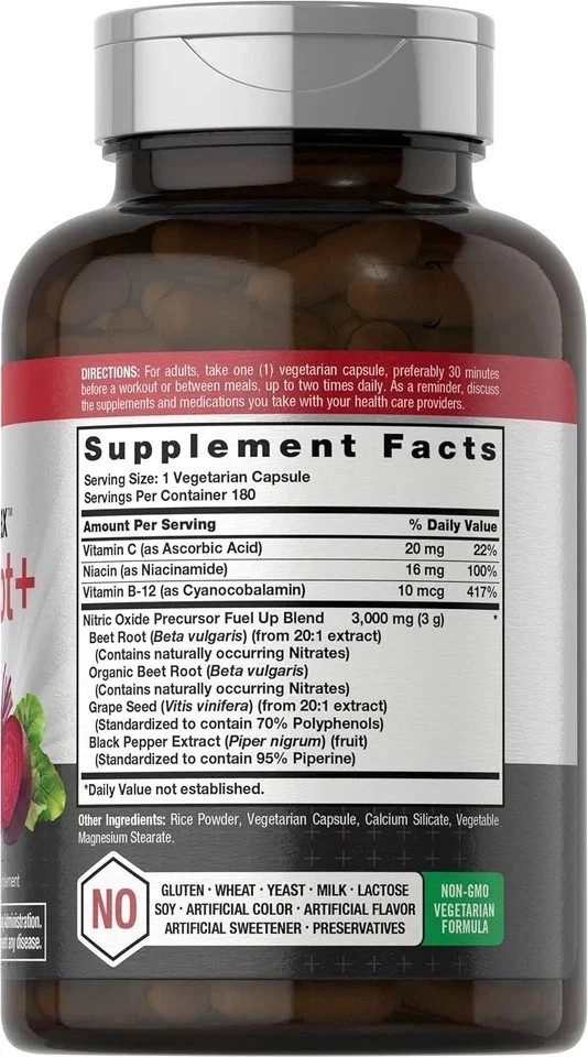 Nitric Oxide Beet Root Capsules | With Nitrates | 180 Count | by Horbaach