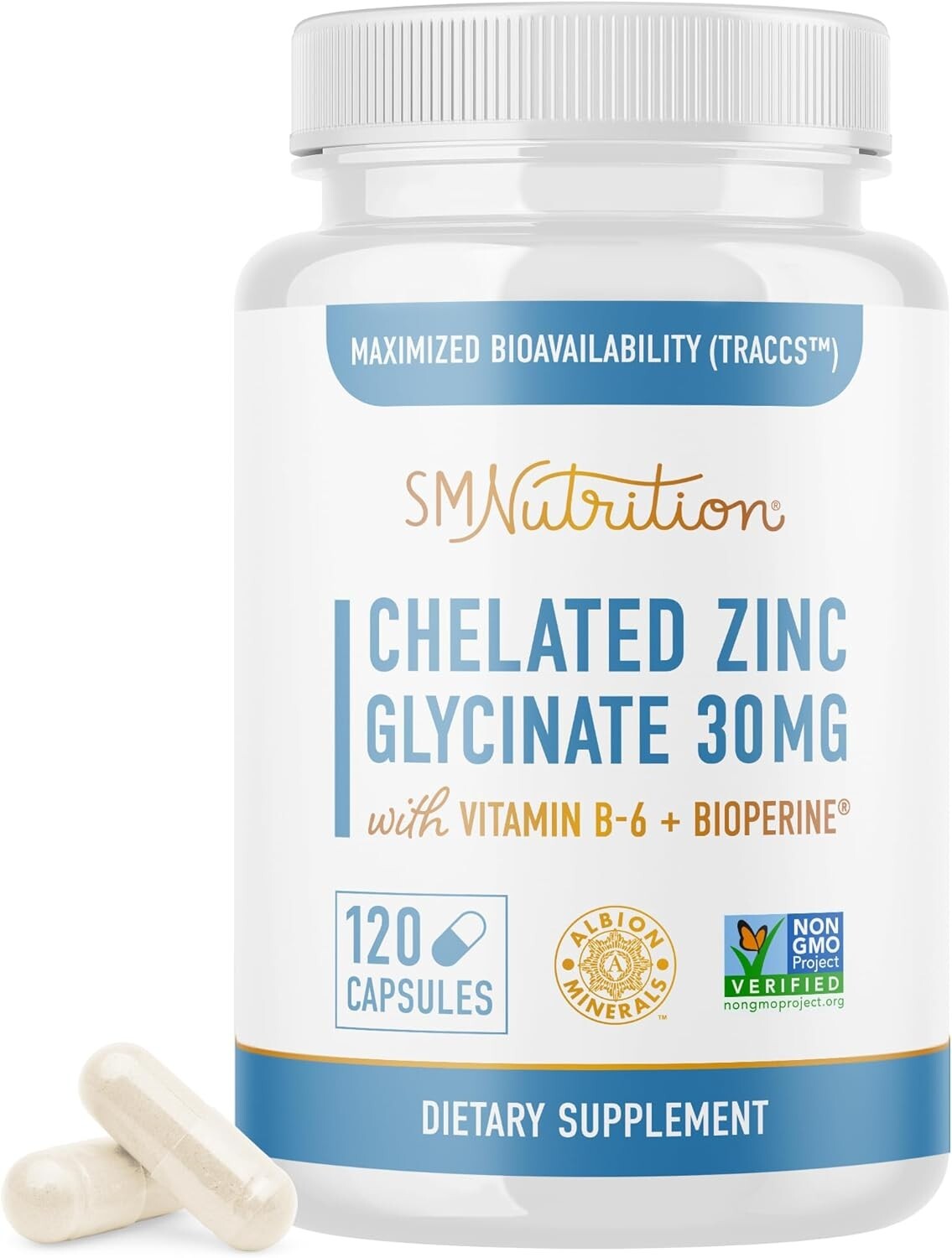 Chelated Zinc Supplements Zinc Glycinate 30mg Highly-Absorbable TRAACS, 120ct