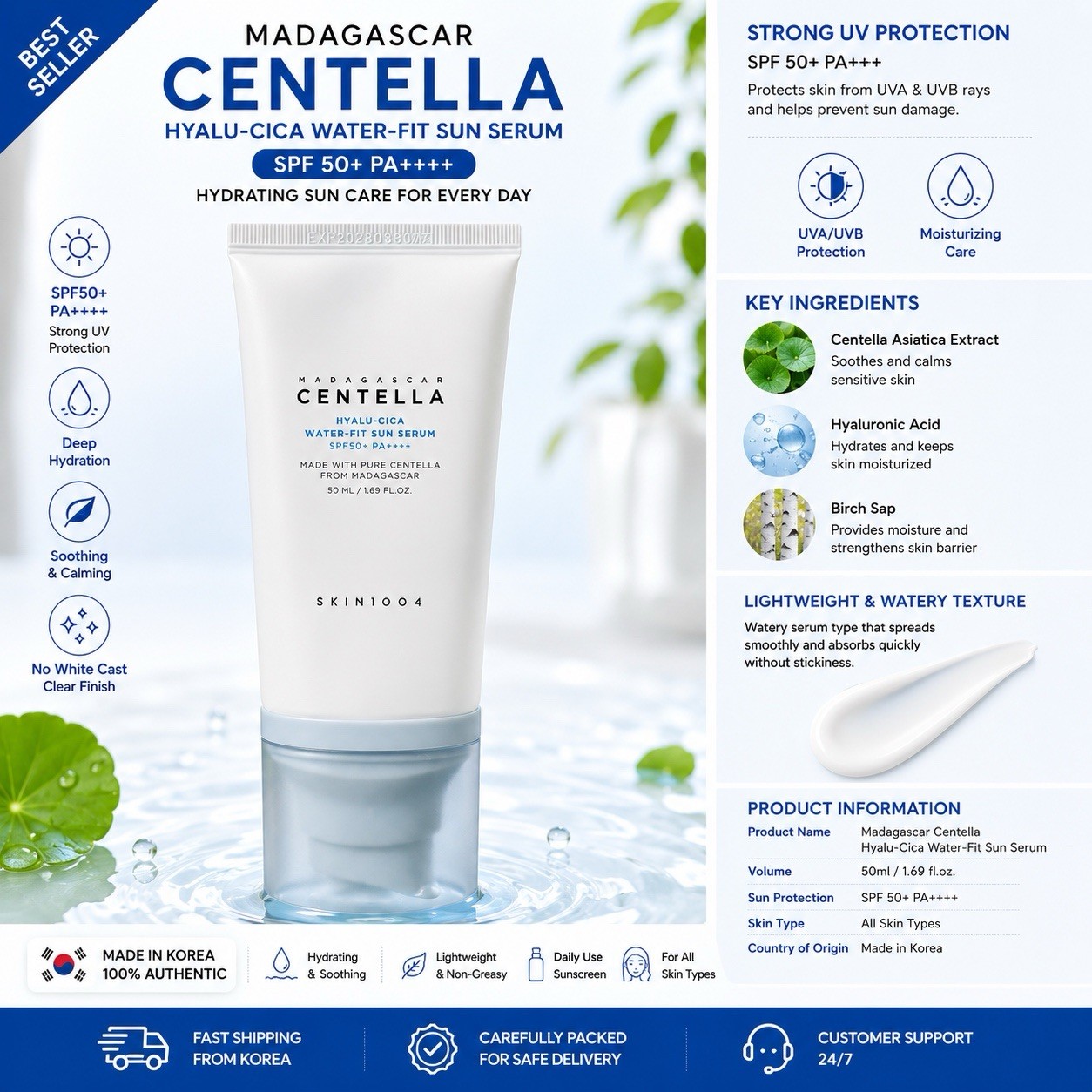 [US Seller] SKIN1004 Centella Hyalu-Cica Water-Fit Sun Serum SPF50+ PA++++ 50ml