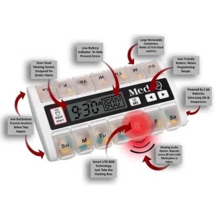 Med-Q White Pill Dispenser 14Days Battery Operated Alarm Removable Boxes Braille