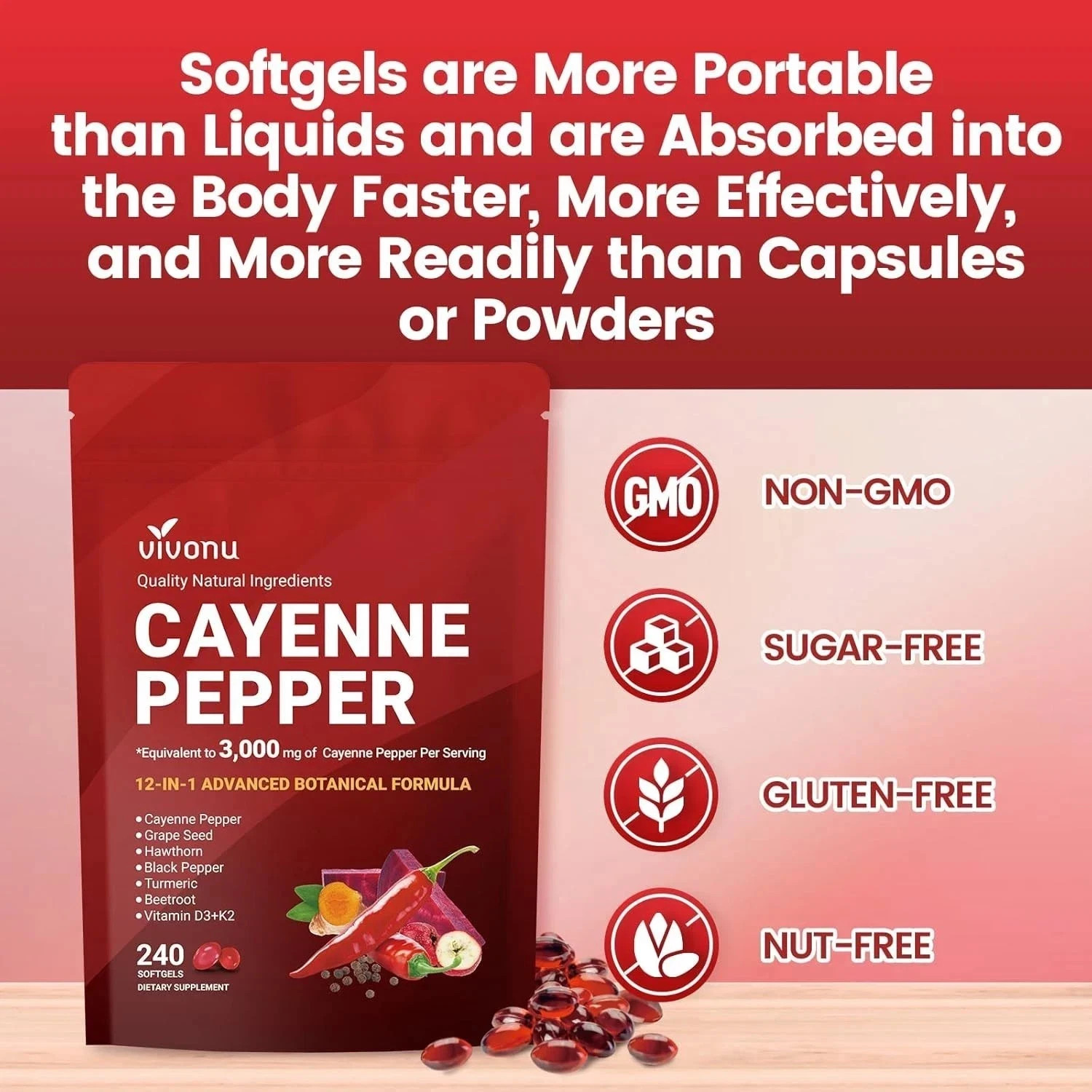New VivoNu Cayenne Pepper Softgels, 240 Capsules, Free US Shipping