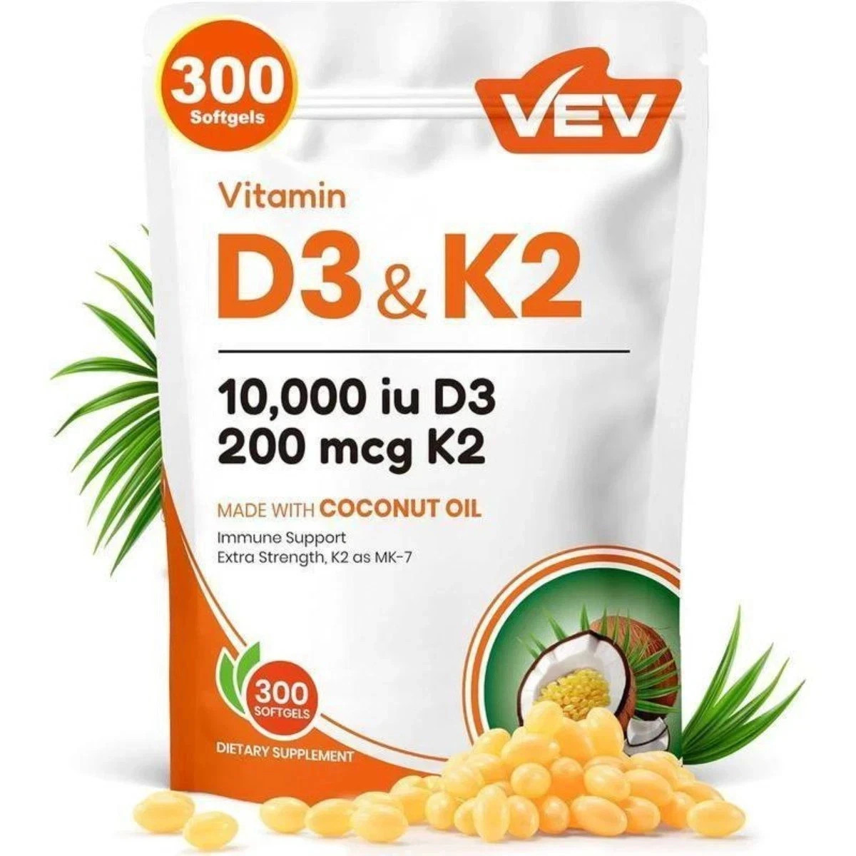 VEV 2-in-1 D3 K2 10000IU Softgels 300pcs Virgin Coconut Oil Supplement