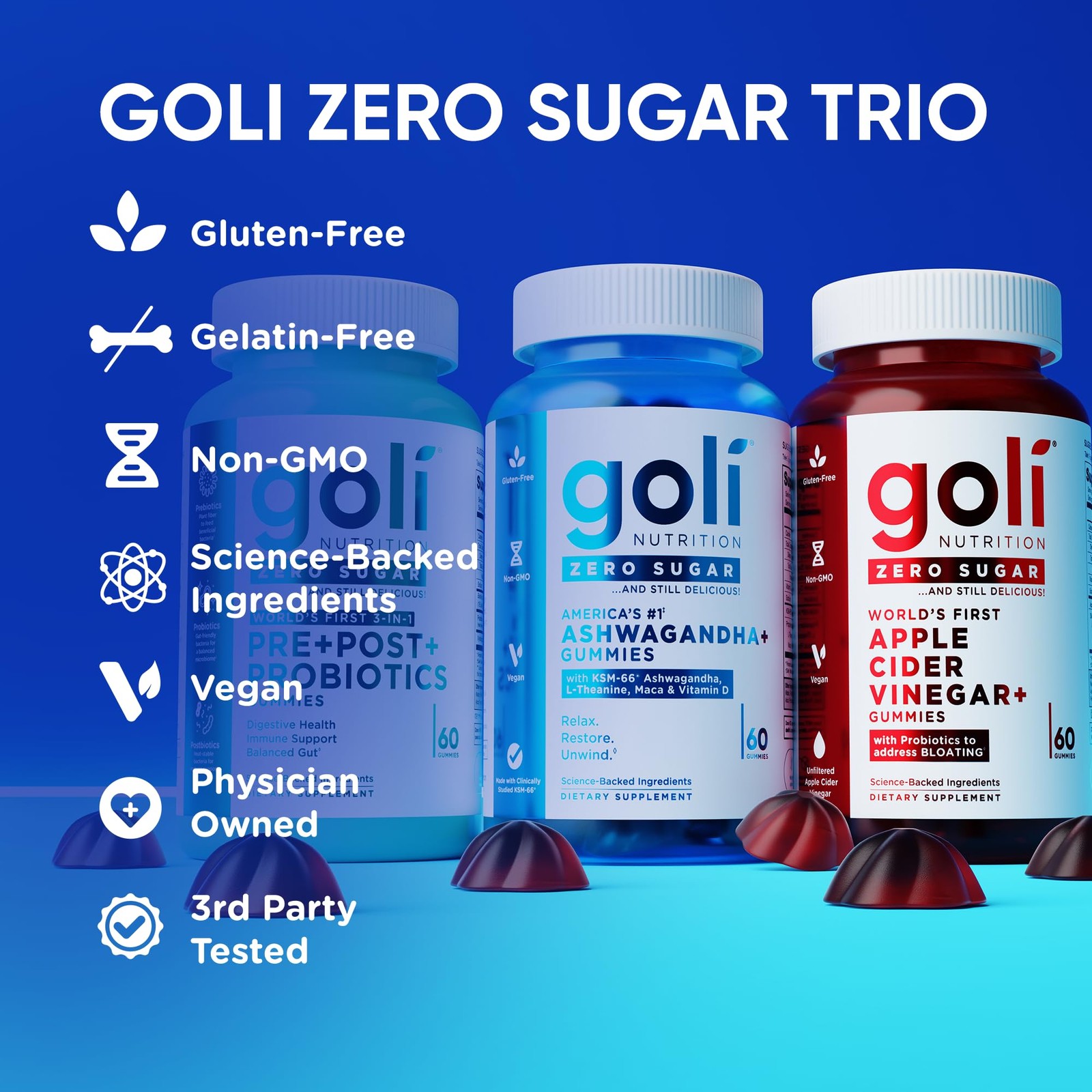 Goli Zero Sugar Trio – World’s First 3-in-1 Pre, Post, 60 Count (Pack of 3)