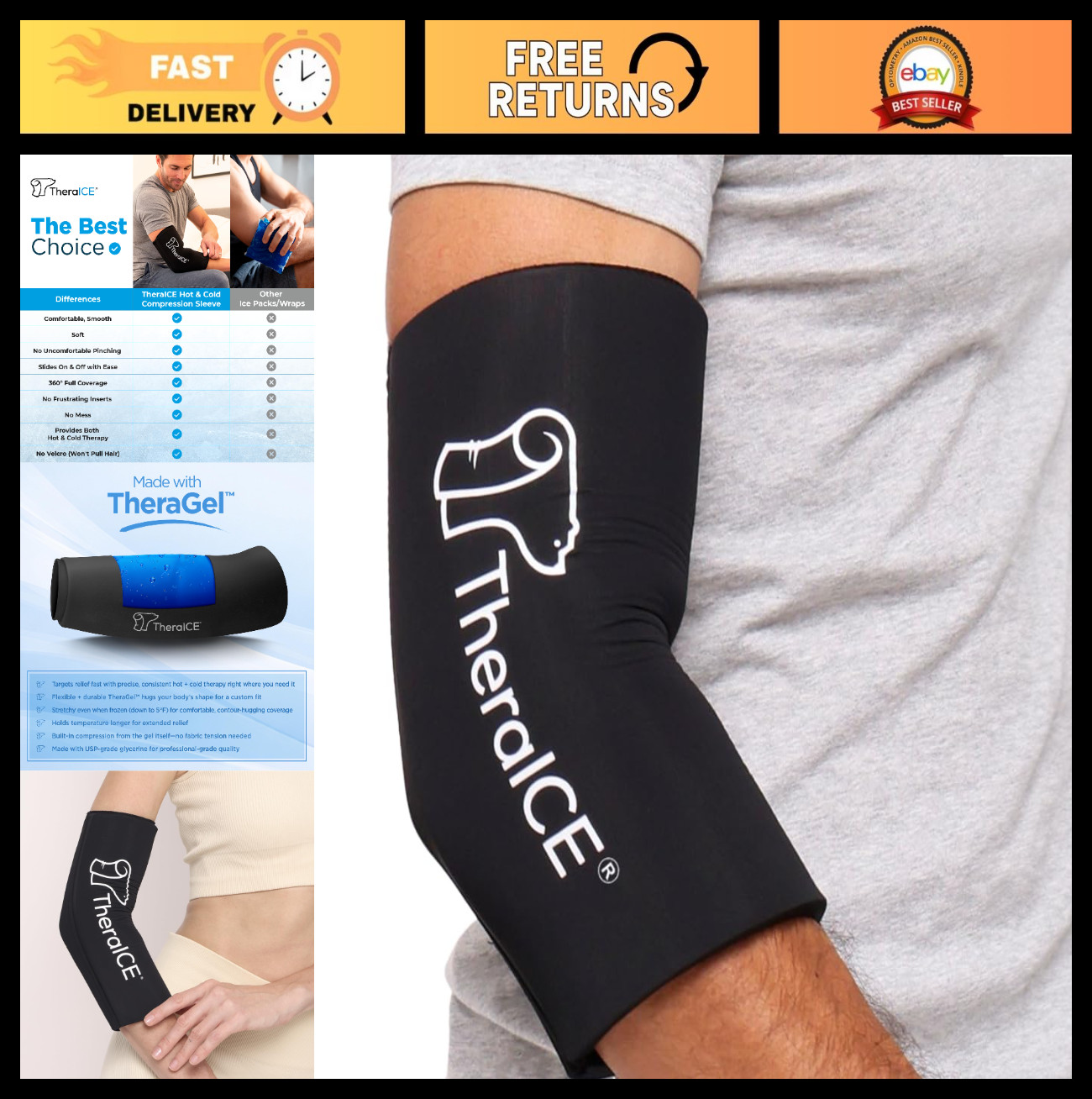 Elbow Ice Pack Wrap Compression Sleeve – Reusable Gel Cold Pack for Pain Relief,