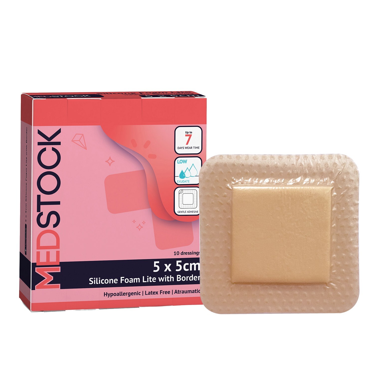 MEDSTOCK Silicone Foam Lite Dressing with Border – 2″ x 2″ (Box of 10)