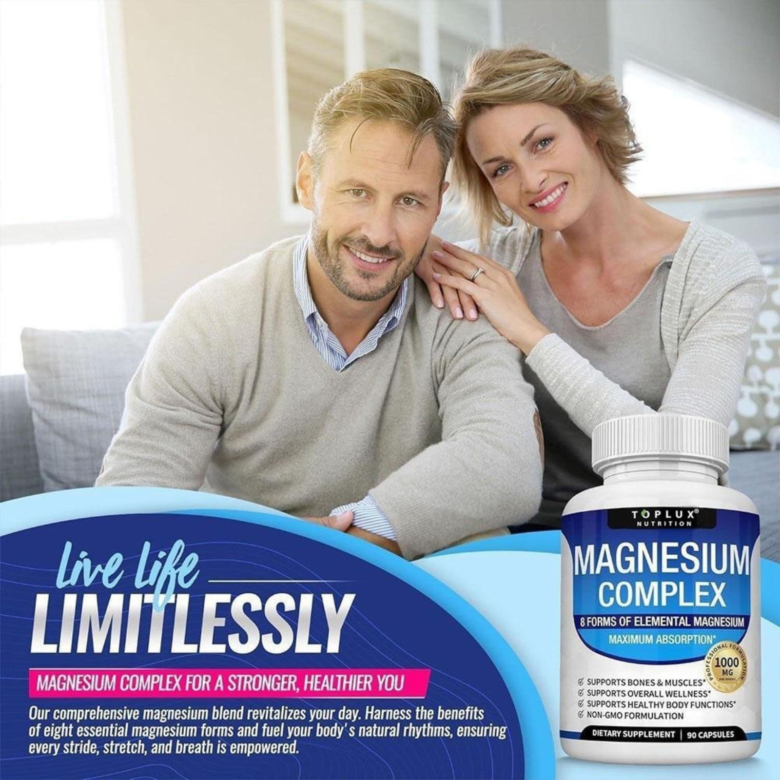 Toplux Nutrition Magnesium Complex 1000mg Supports 8 Elemental Magnesium 1-3Pack