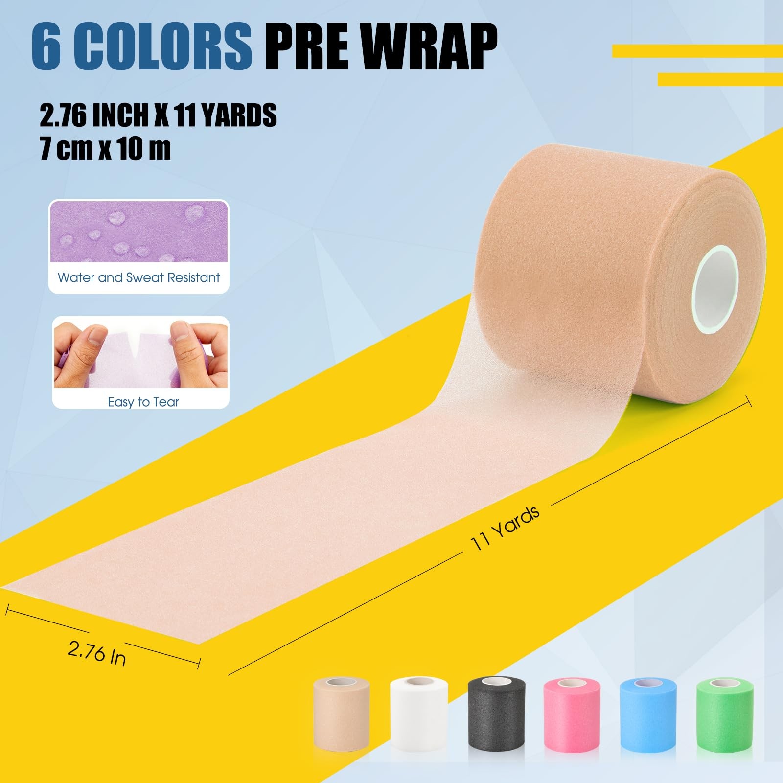 Pre Wrap Athletic Tape 6 Pack, 2.76 Inch x 11 Yards Foam Underwrap Bandage, Foam