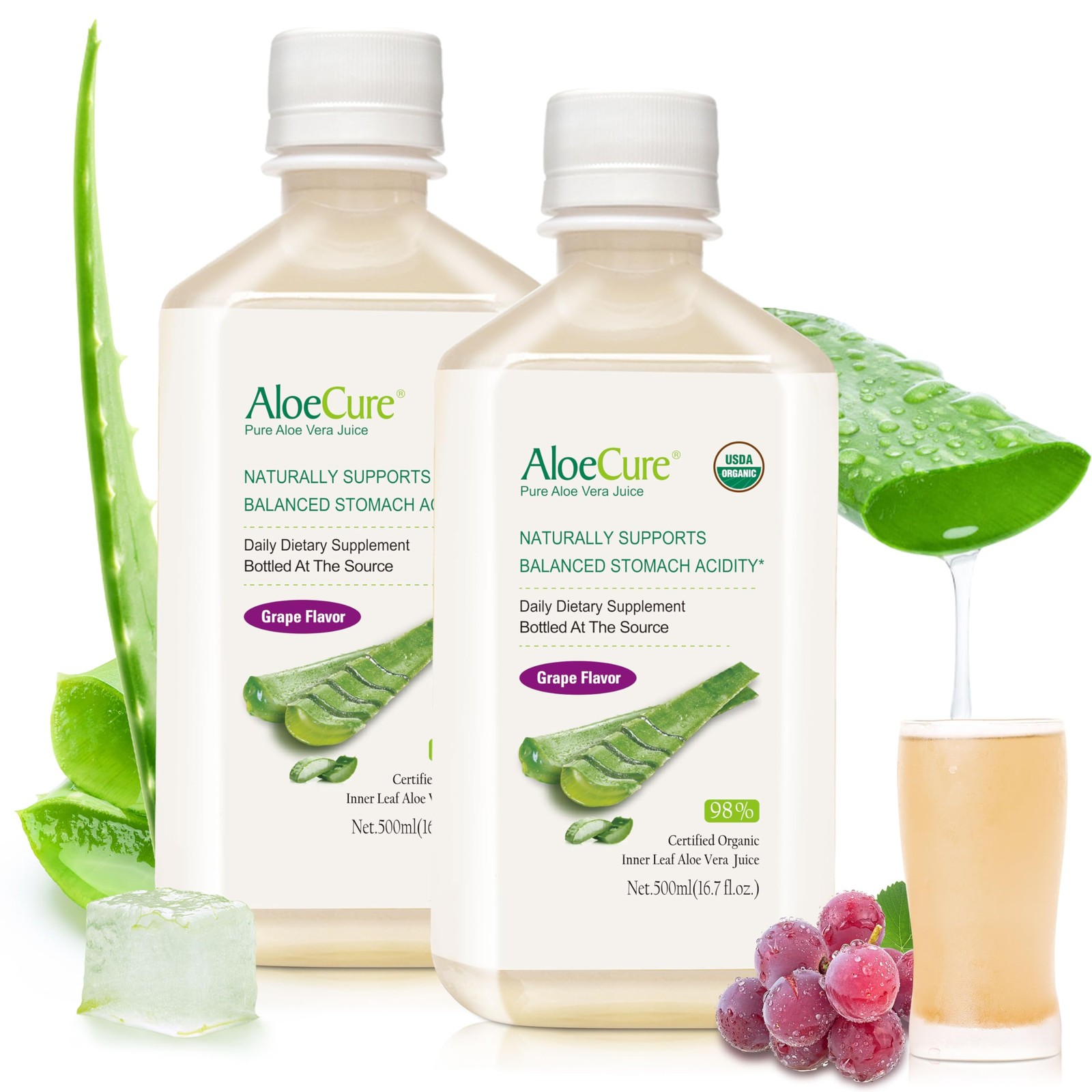 AloeCure USDA Organic Aloe Vera Juice Grape 16.7 Fl Oz (Pack of 2), White