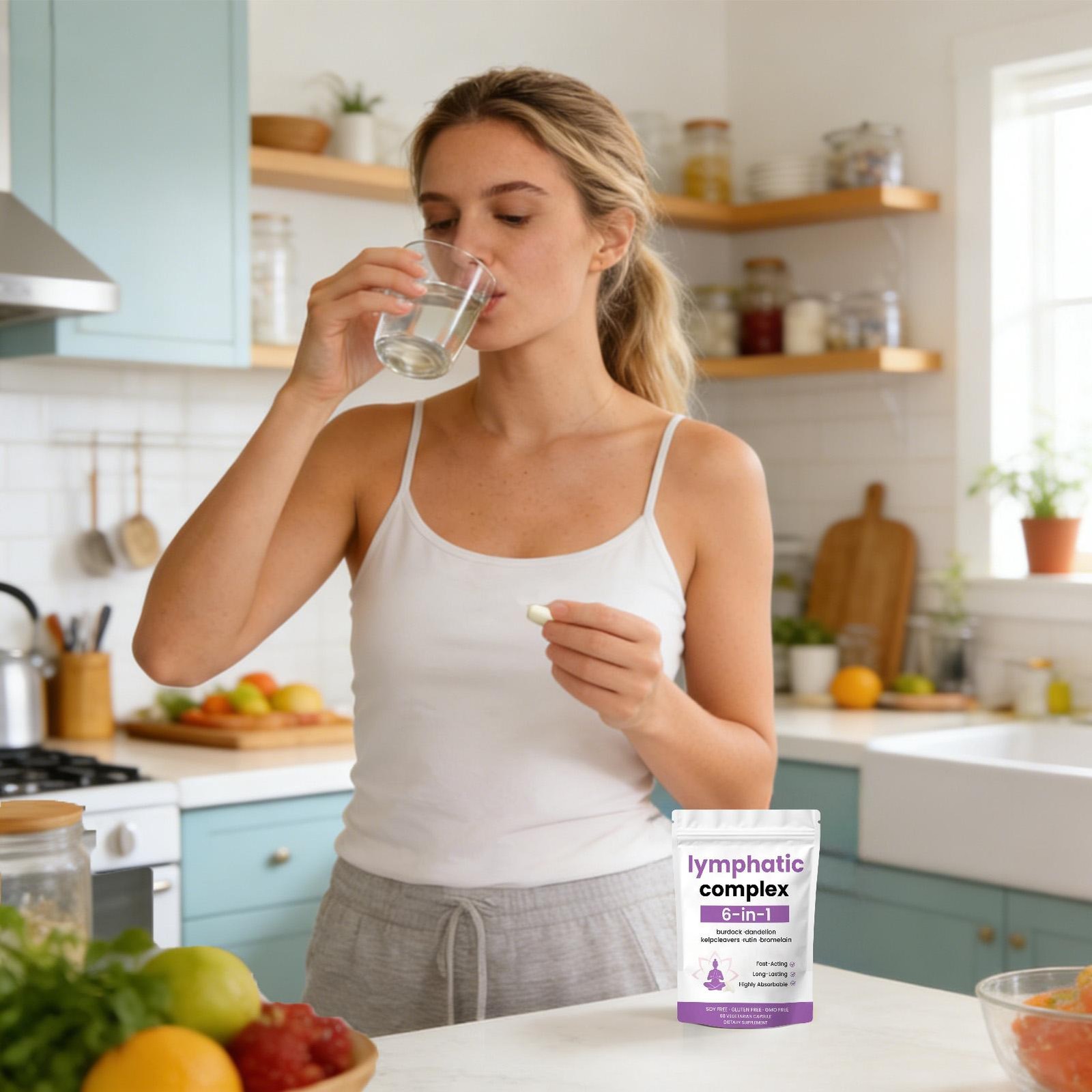 6-in-1 Lymphatic Complex Drainage Supplement Dandelion Burdock Bromelain Kelp