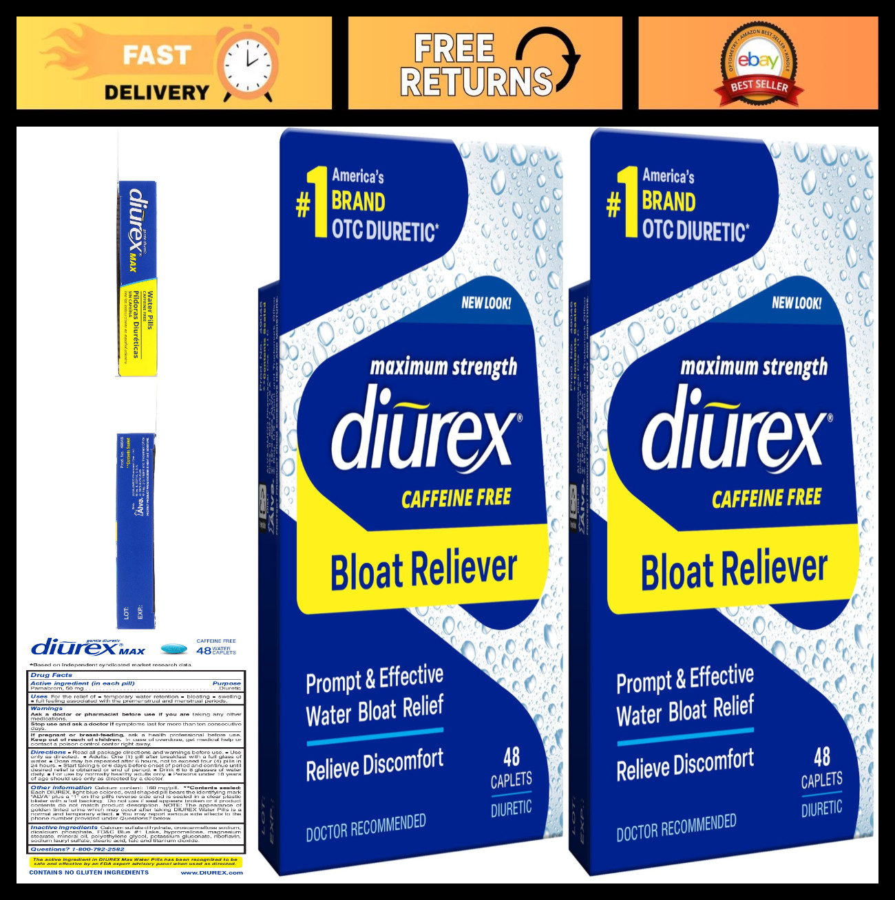 Caffeine-Free Water Bloat Relief, Maximum Strength, 48 Count, 2 Pack, Fast Actin