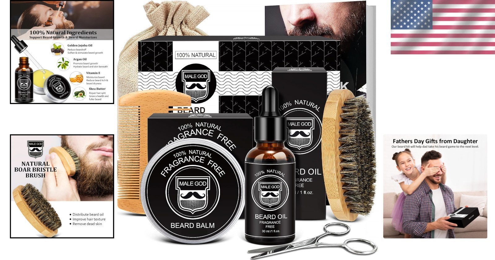 Eco-Friendly Beard Grooming Set – Growth Oil, Balm, E-book Guide Included
