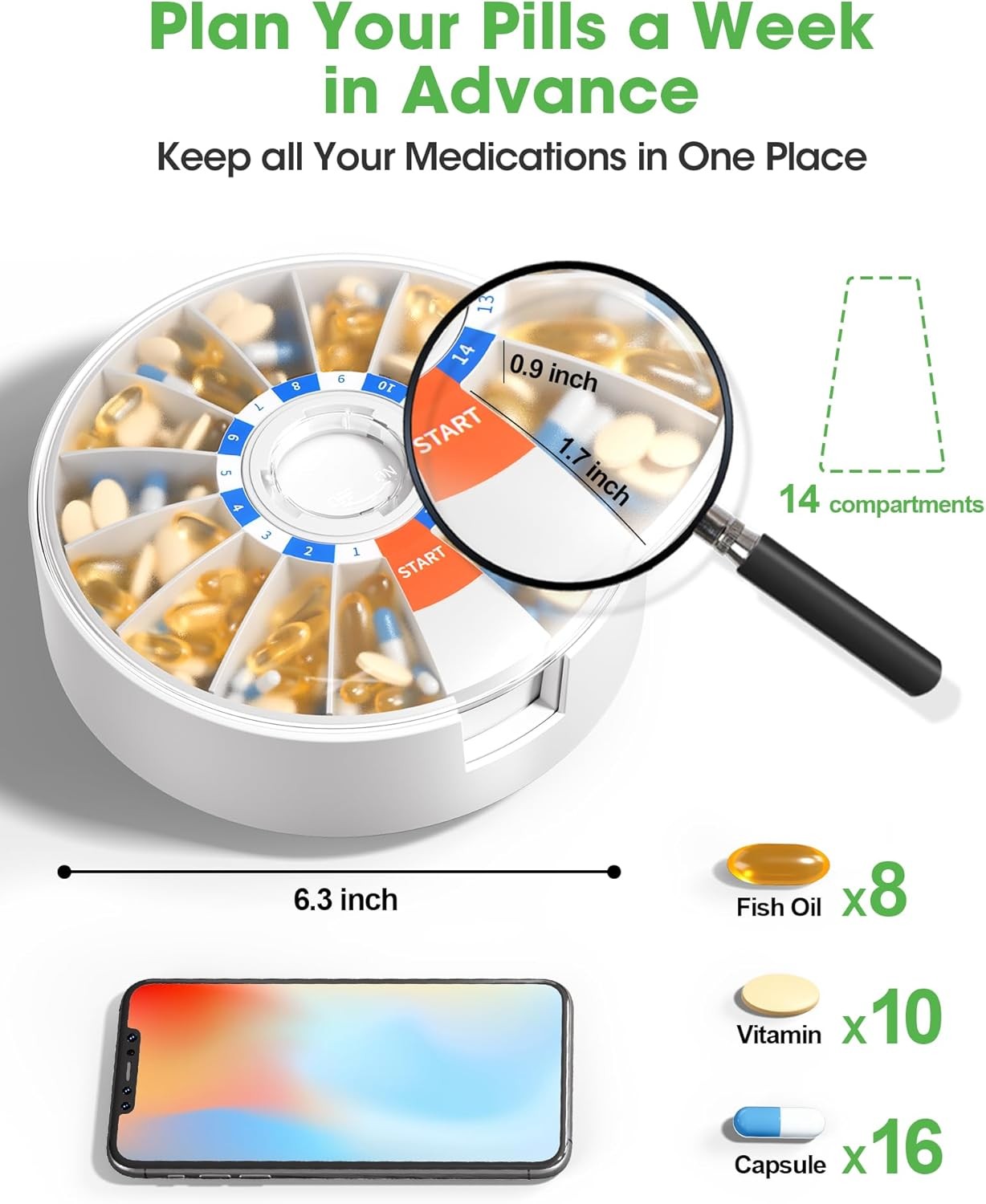 Pill Dispenser Daily,Large Pill Organizer with Standing Used,Used for 14 days