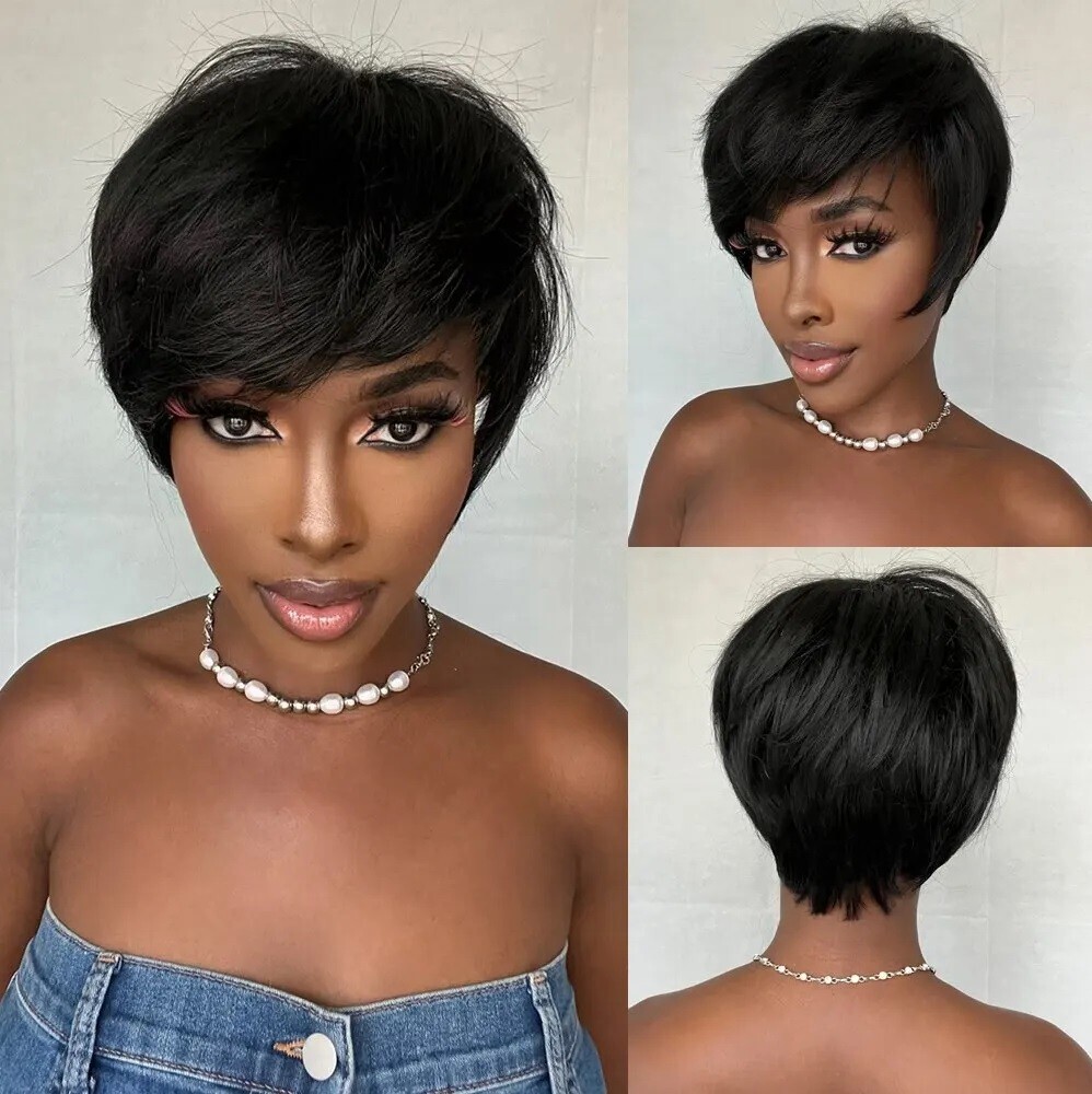 Women Pixie Cut Black Short Bob Wigs Brazilian None Lace Hairstyles Natural Wigs