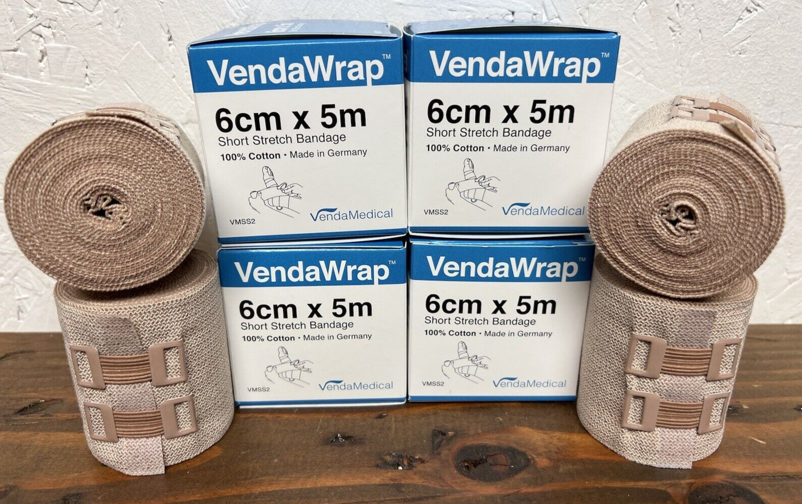 VendaWrap Short Stretch Compression Bandage 100% Cotton – 4 Rolls (6cm x 5m)