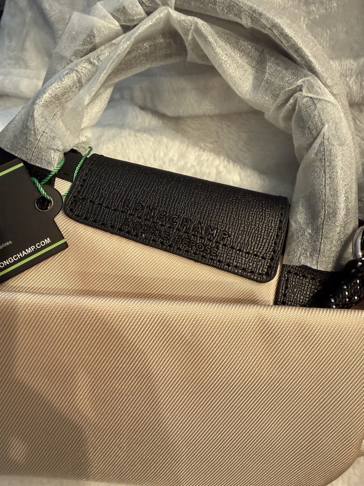 Longchamp Zip-Around Makeup Bag Beige & Black Nylon/Leather Zip Pouch