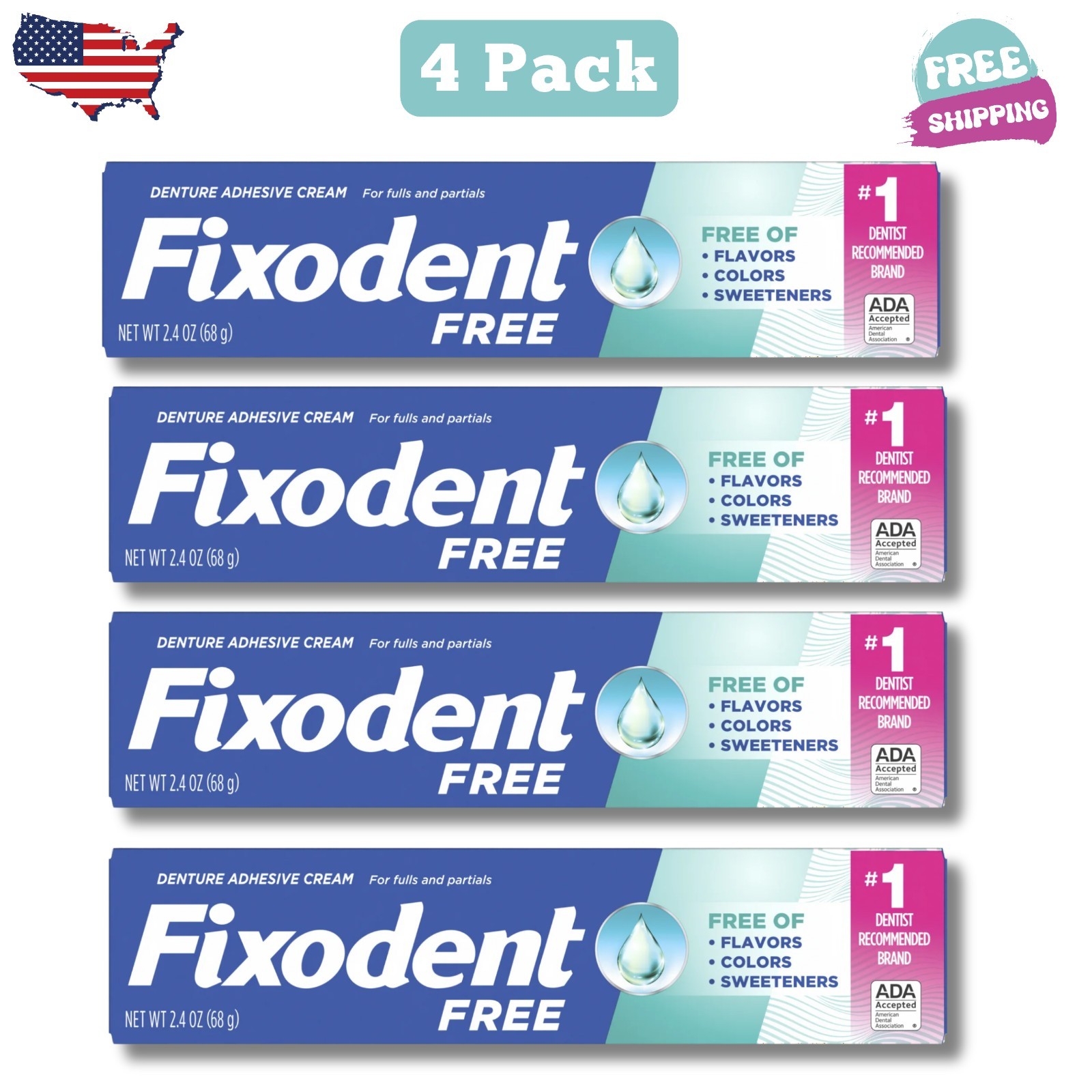 Fixodent Complete Free Denture Adhesive Cream, 2.4 oz, 4 Pack