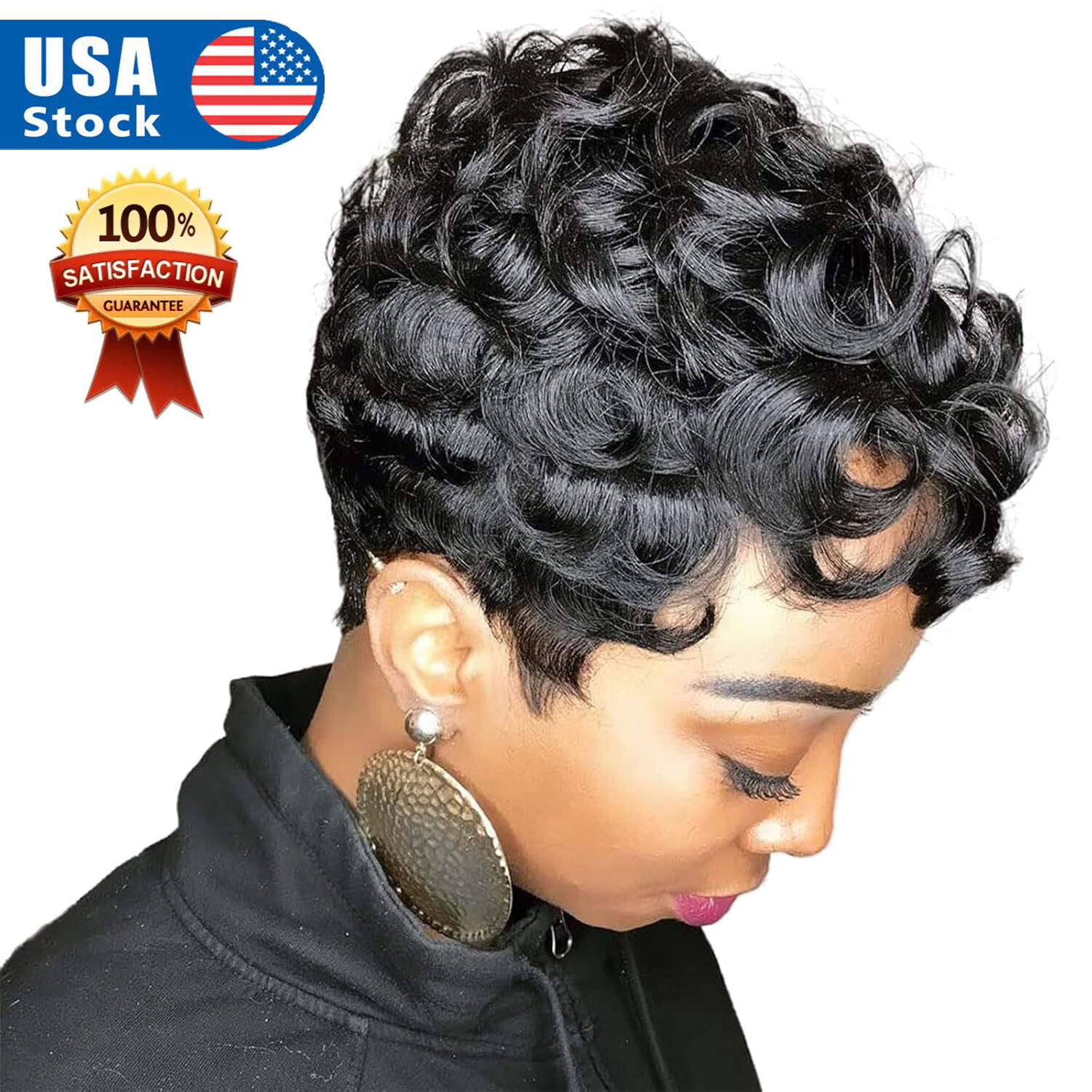 Short Curly Layered Pixie Cut Wigs for Women Human Hair Wave Wigs None Lace USA