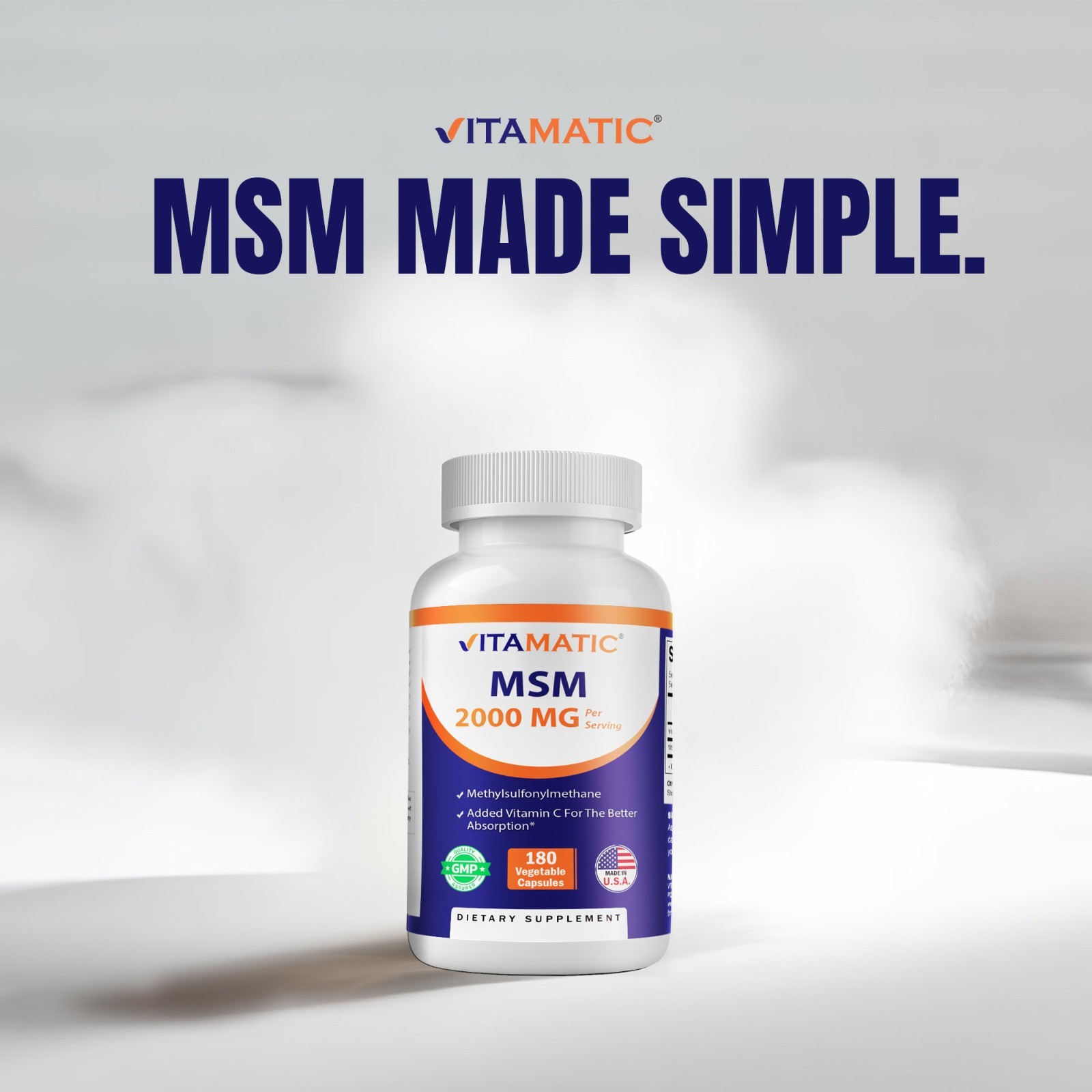 Vitamatic MSM 2000 mg with Vitamin C 75mg per Serving – 180 Veg Capsules-2 Pack