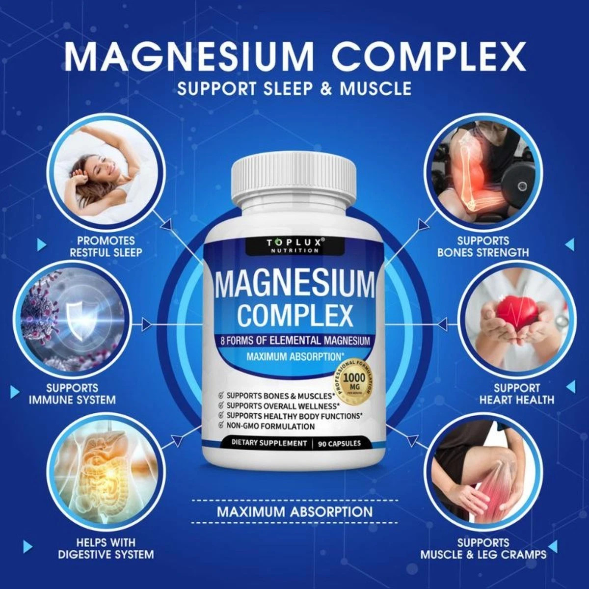 Magnesium complex supplement: 1000mg of 8-element magnesium, 90 capsules