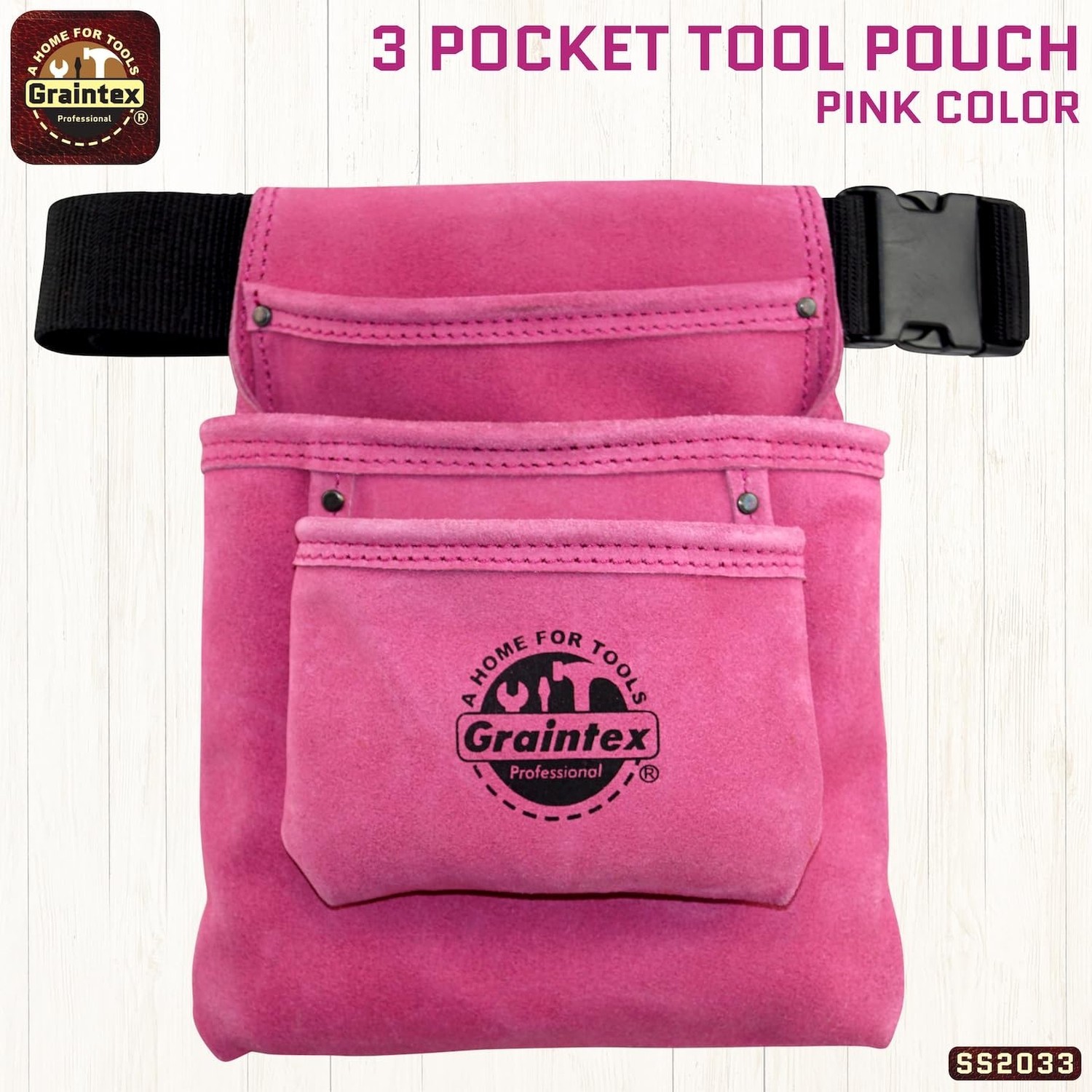 Graintex SS2033 3 Pocket Nail & Tool Pouch Pink Color Suede Leather with 2â