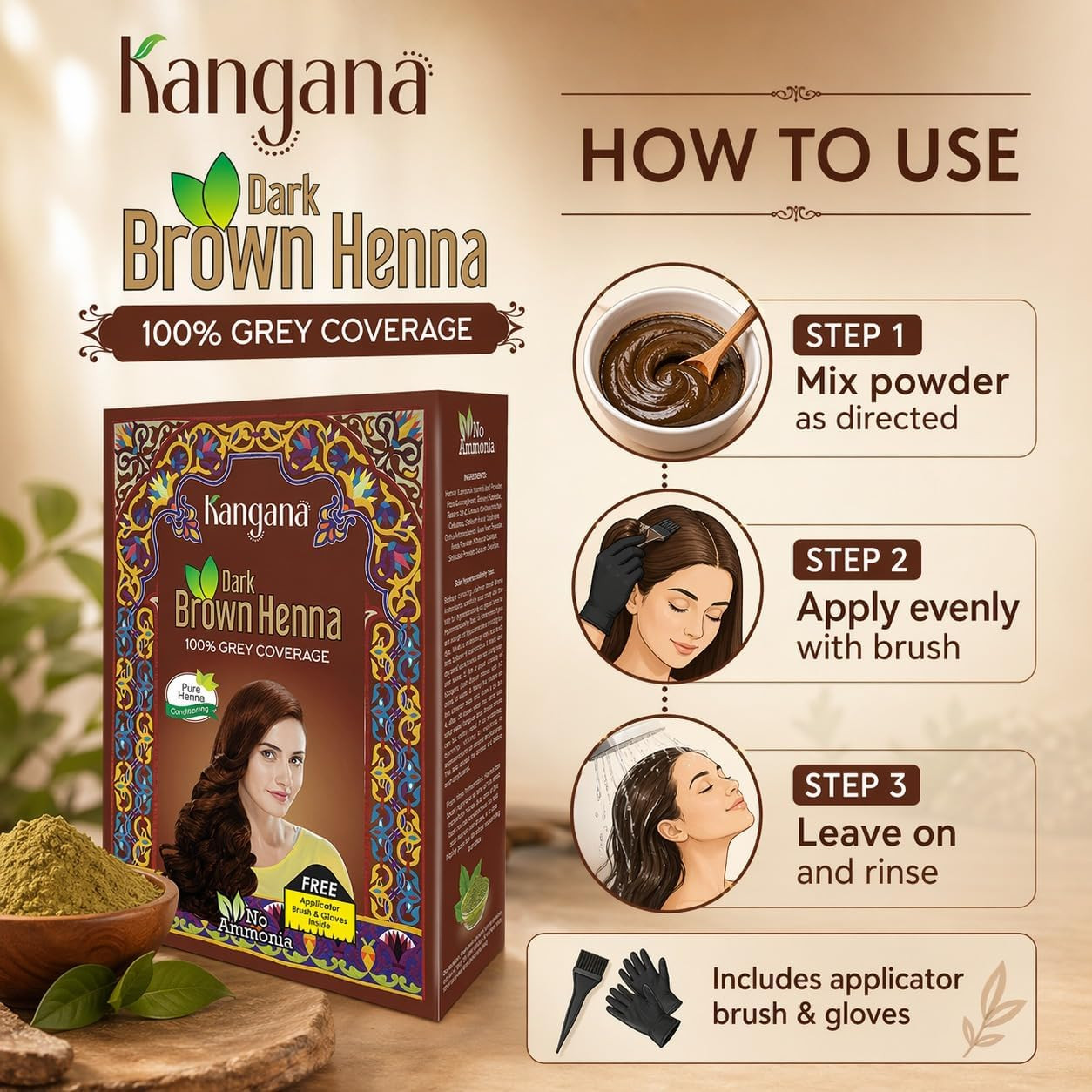 Henna Hair Color Dark Brown | Ammonia-Free Natural Dye for Grey Hair | 6 Pouches