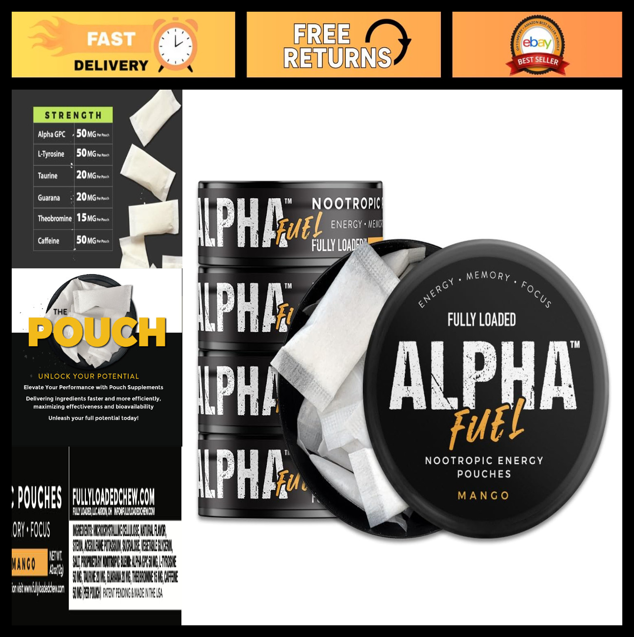 Nootropic Energy Pouches – Mango Flavor, 5 Cans, 15 Pouches Each, Caffeine Boost