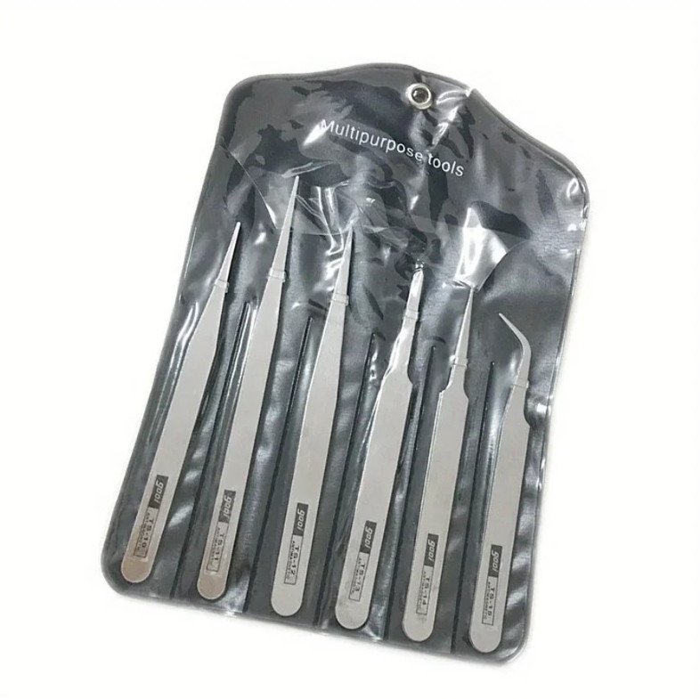 6pcs Stainless Steel Solid Tweezers Set Precision Elbow Tools Silver – NEW