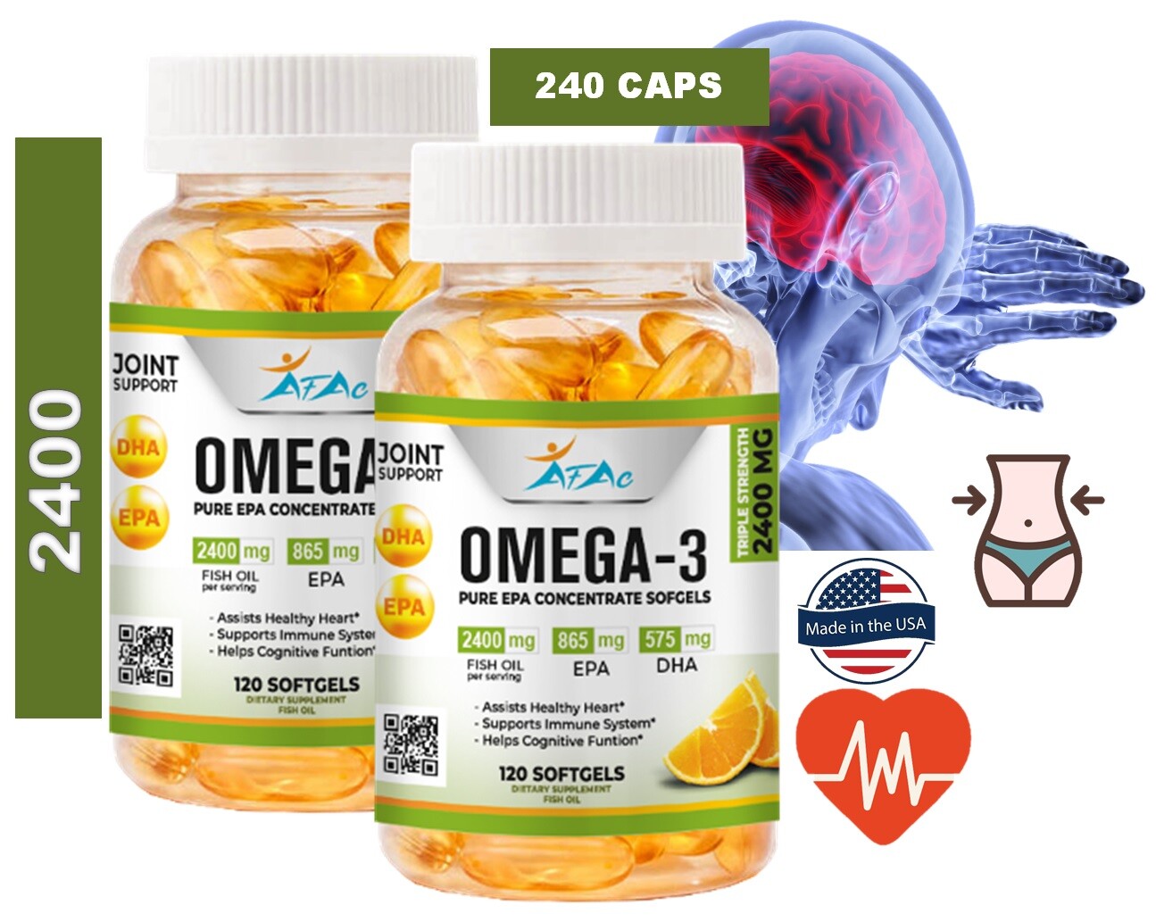 OMEGA – Heart, Brain, & Joint Support-Enteric Coated Fish Oil 2400 MG -240 SOFGL