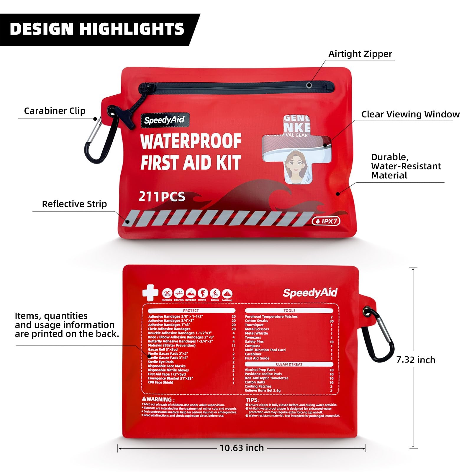 211 PCS Waterproof First Aid Kit, IPX7 Rated Dry Bag with Airtight Zipper, Po…