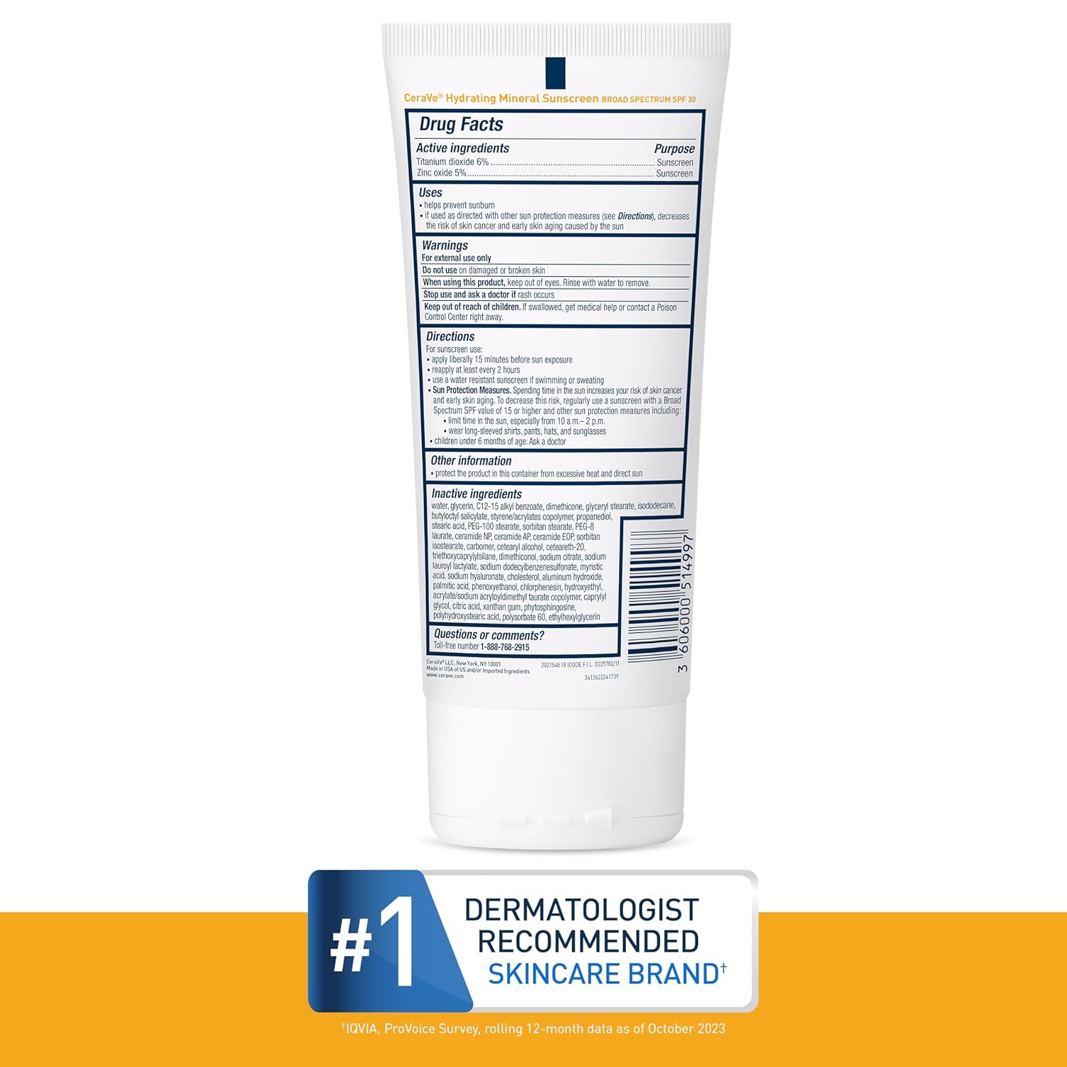 Cerave 100% Mineral Sunscreen SPF 30 with Zinc Oxide & Titanium Dioxide, Hyaluro