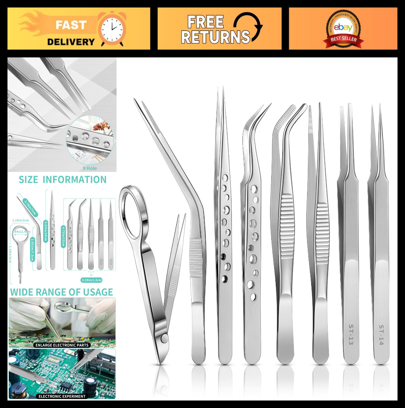 8 Pcs Stainless Steel Tweezers Set with Magnifying Glass – Curved, Straight & Fl