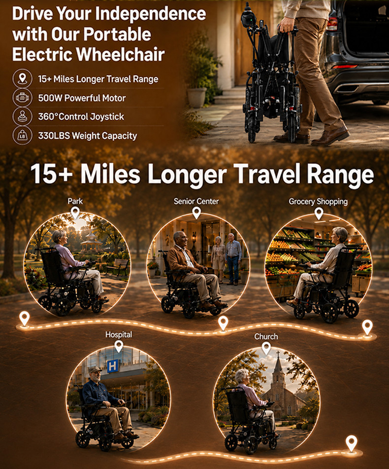 Lightweight Folding All Terrain Electric Wheelchair 500W Power For All Ages