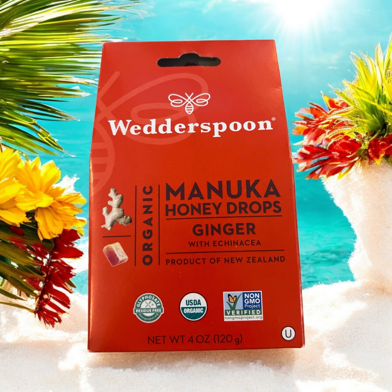 Wedderspoon Organic Manuka Honey Drops – Ginger with Echinacea 4 oz Exp 12/25