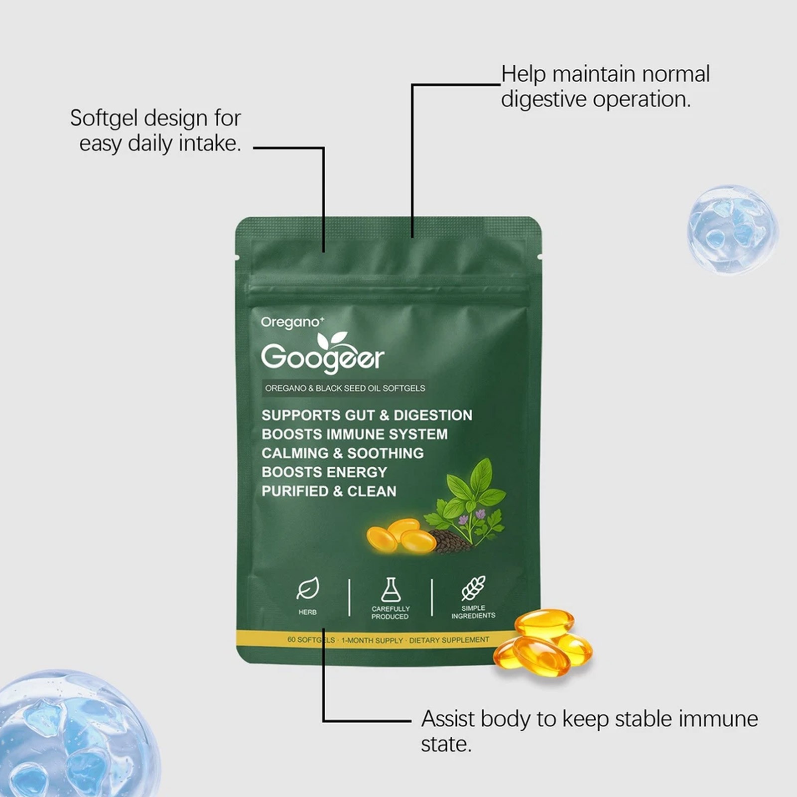 60pcs Oil of Oregano and Black Seed Oil Softgels 6000mg Supports Gut & Digestion