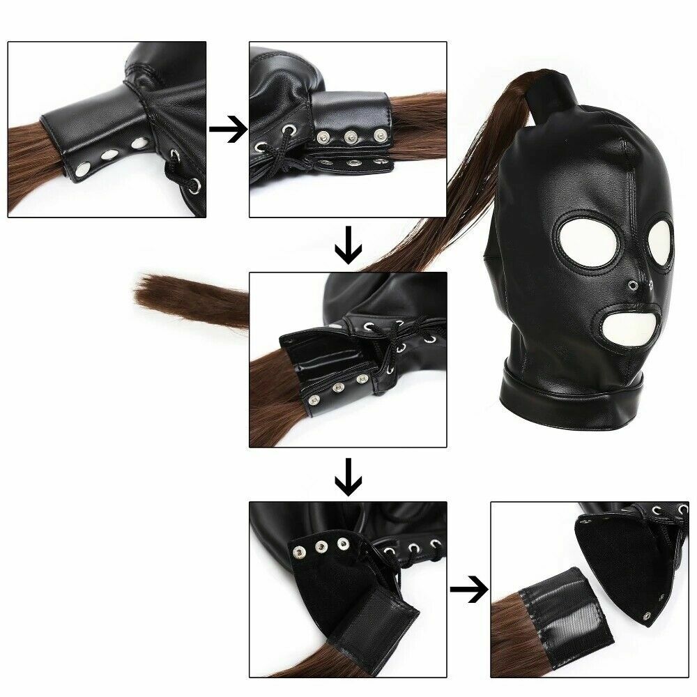 Adult unisex PU Leather Gimp Head Harness Headgear Hood party Mask ponytail wigs